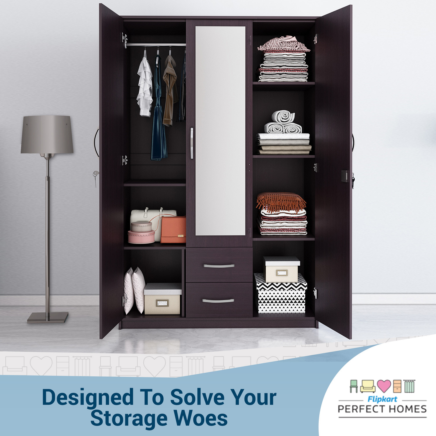 Image of Flipkart Perfect Homes Olympus Engineered Wood 3 Door Wardrobe (Finish Color - Wenge, Mirror Included, Knock Down)