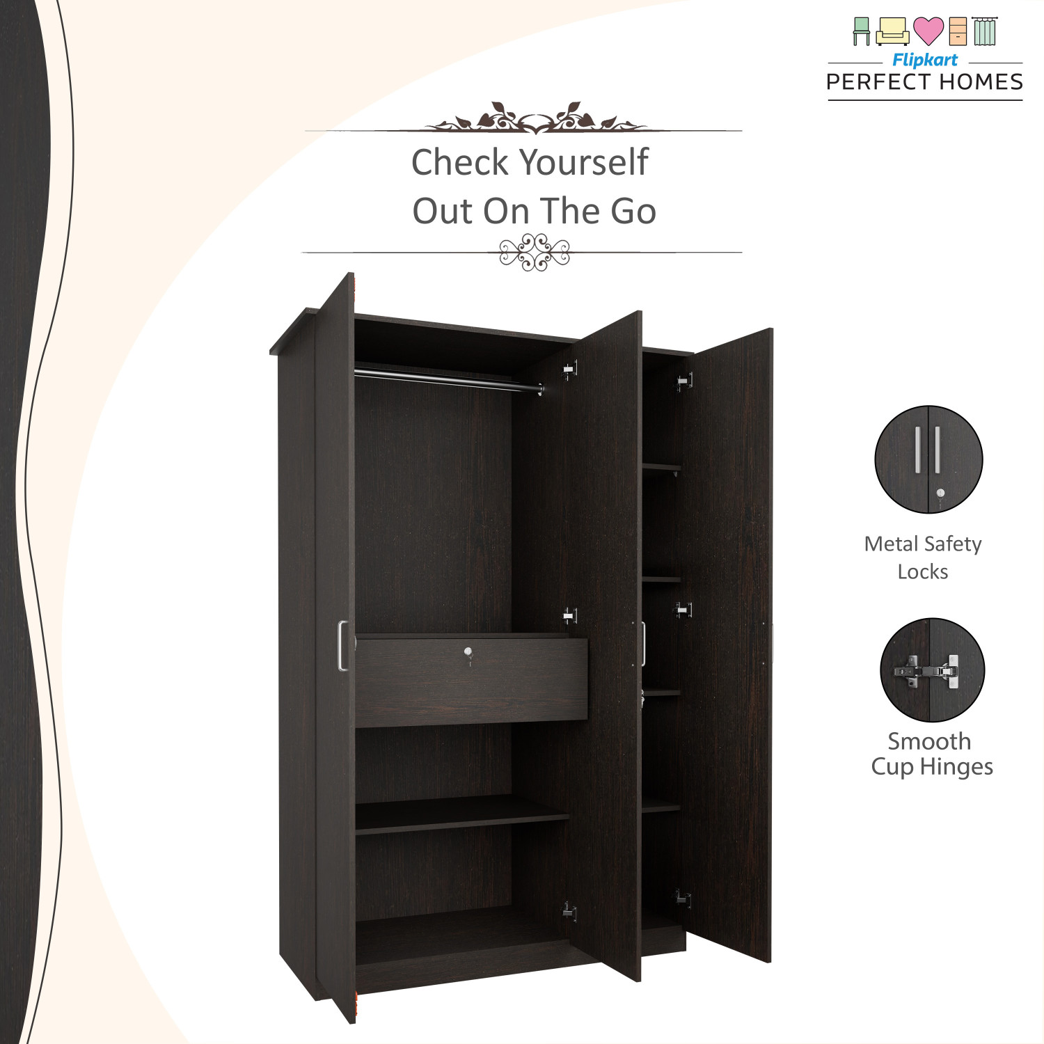 Image of Flipkart Perfect Homes Julian Engineered Wood 3 Door Wardrobe