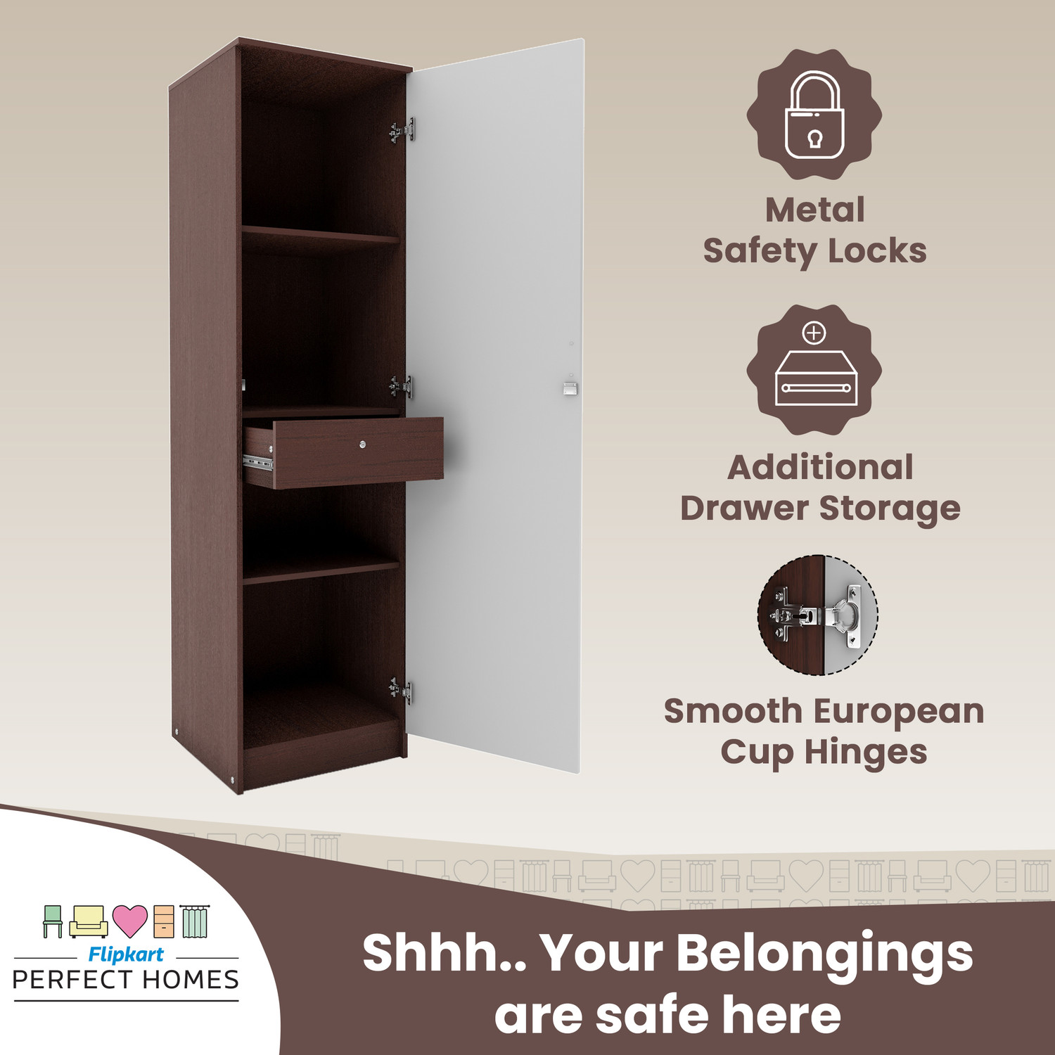 Image of Flipkart Perfect Homes Julian Engineered Wood 1 Door Wardrobe