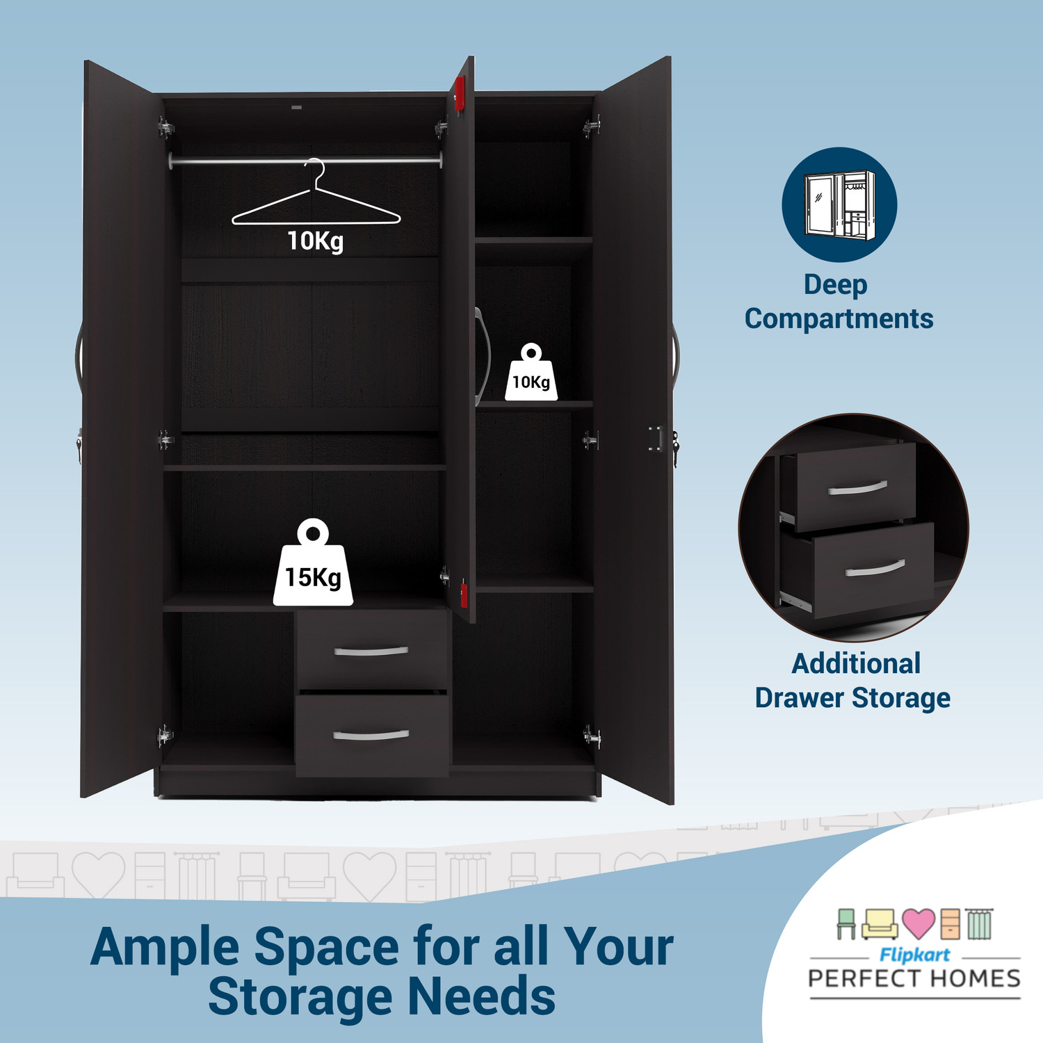 Image of Flipkart Perfect Homes Olympus Engineered Wood 3 Door Wardrobe (Finish Color - Wenge, Mirror Included, Knock Down)