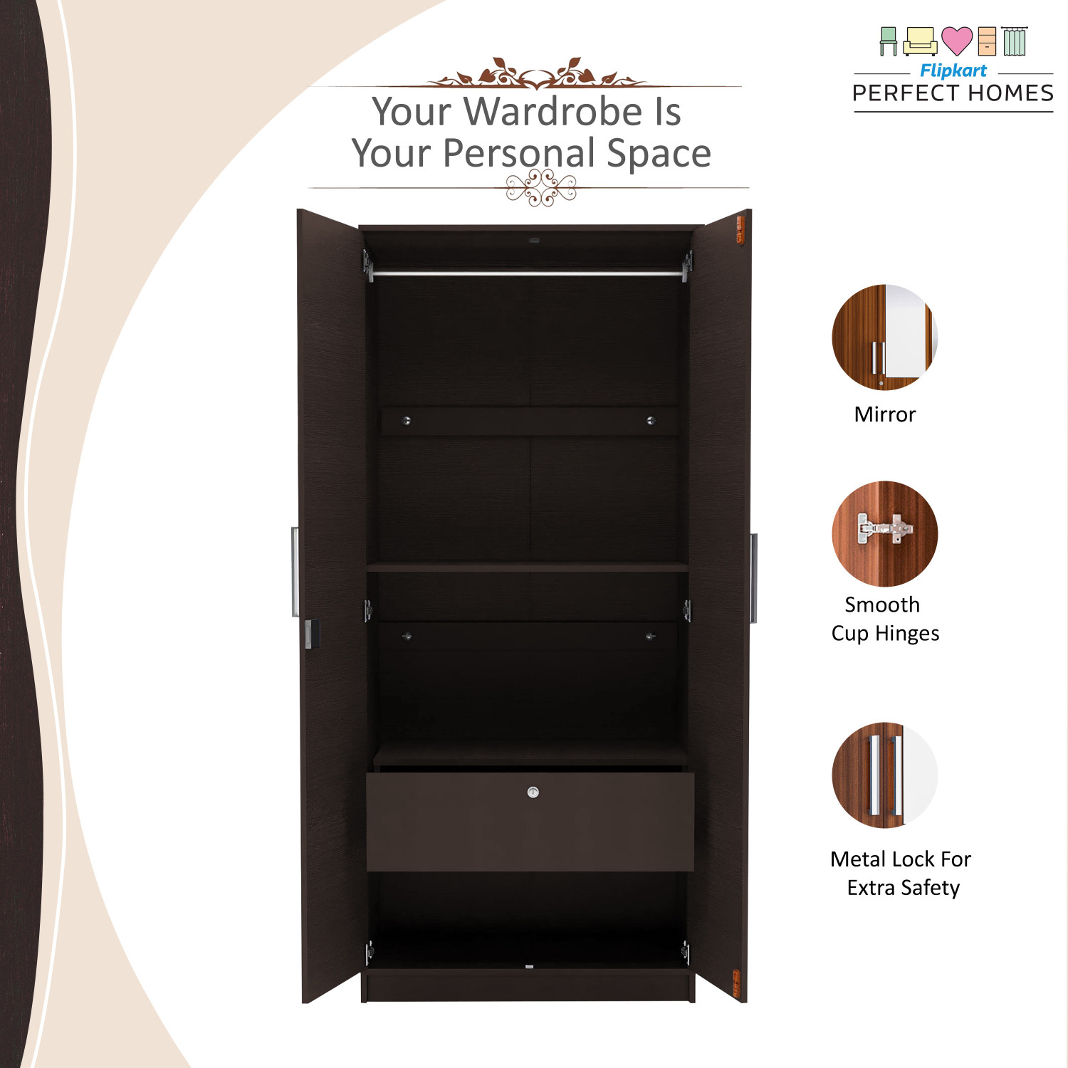 Image of Flipkart Perfect Homes Julian Engineered Wood 2 Door Wardrobe