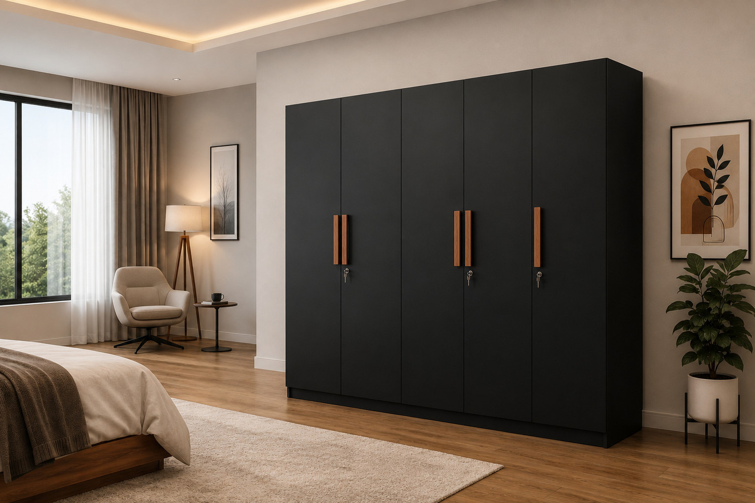 Image of Trevi Mustang Premium Bedroom Storage Furniture Engineered Wood 5 Door Wardrobe (Finish Color - Black Wenge, Knock Down)
