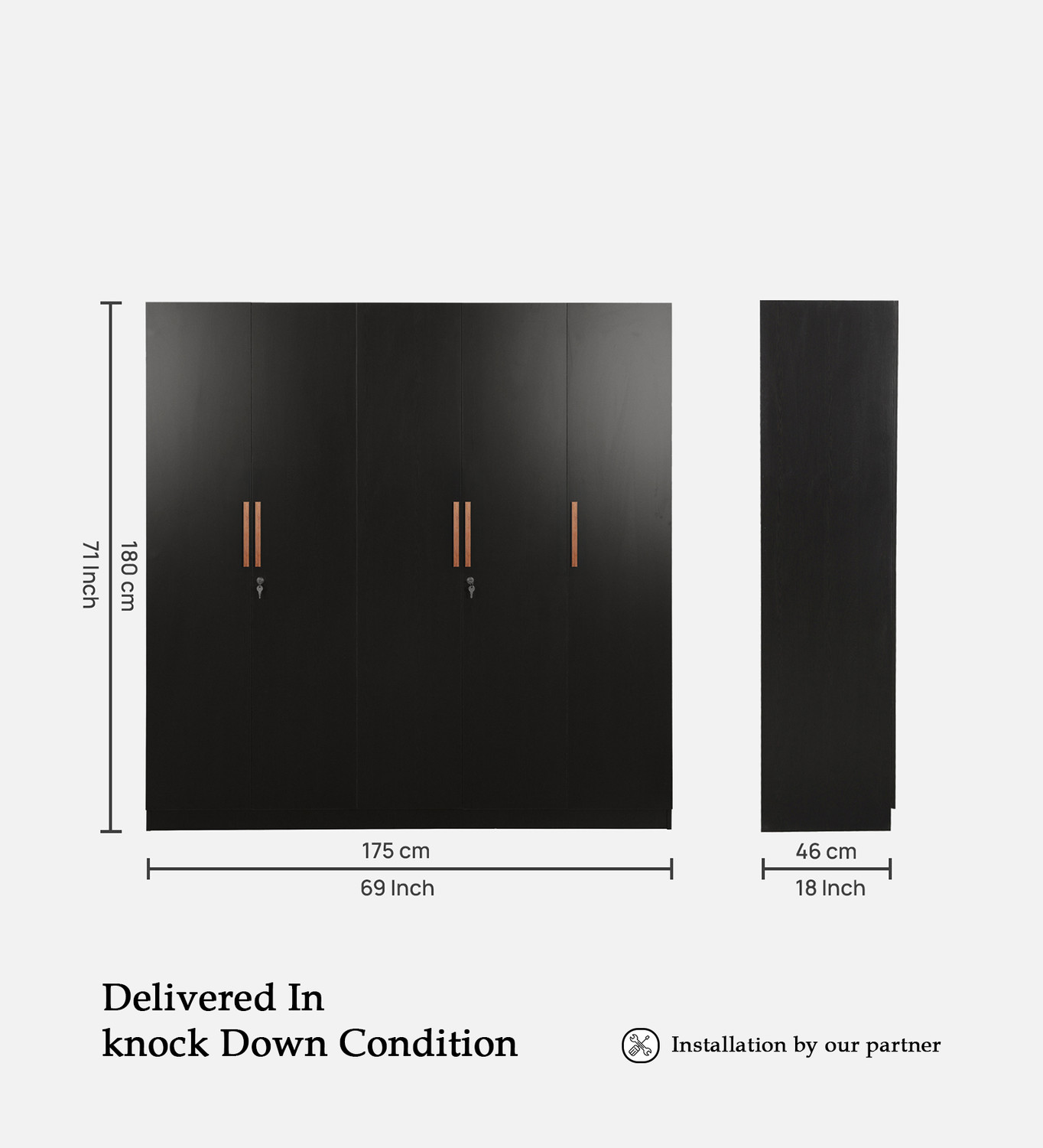 Image of Trevi Mustang Premium Bedroom Storage Furniture Engineered Wood 5 Door Wardrobe (Finish Color - Black Wenge, Knock Down)