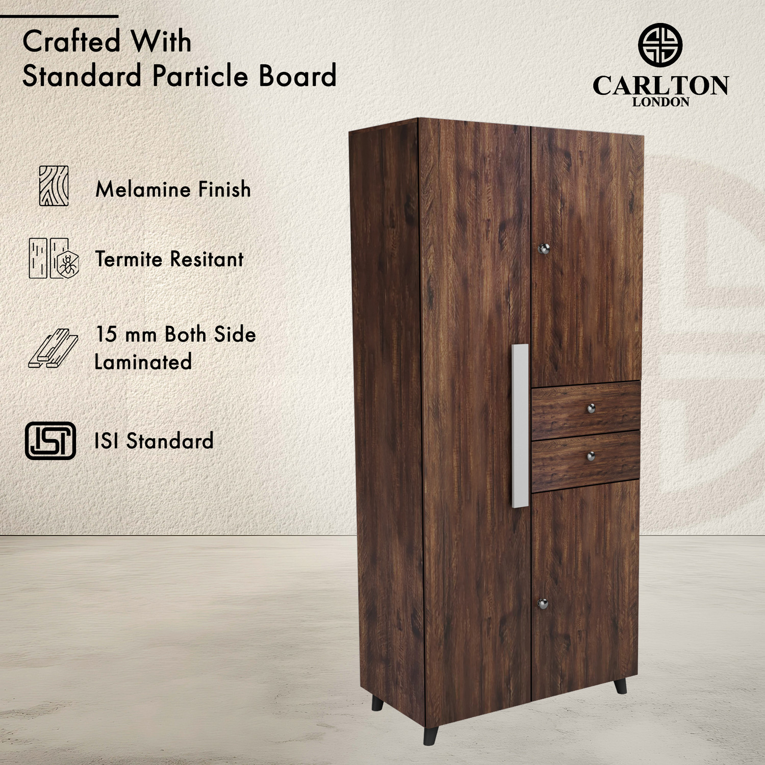 Image of CARLTON LONDON Willy Engineered Wood 3 Door Wardrobe (Finish Color - Rustic, Knock Down)
