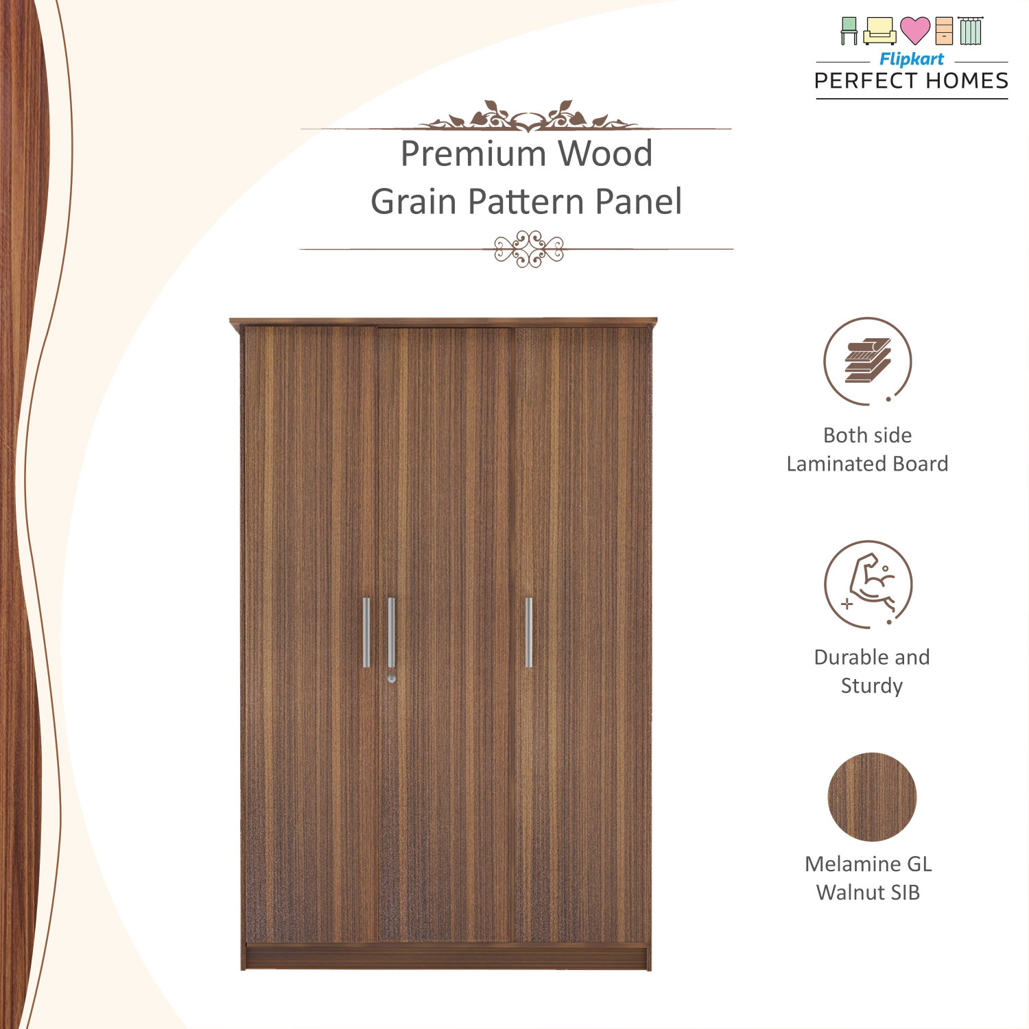 Image of Flipkart Perfect Homes Julian Engineered Wood 3 Door Wardrobe