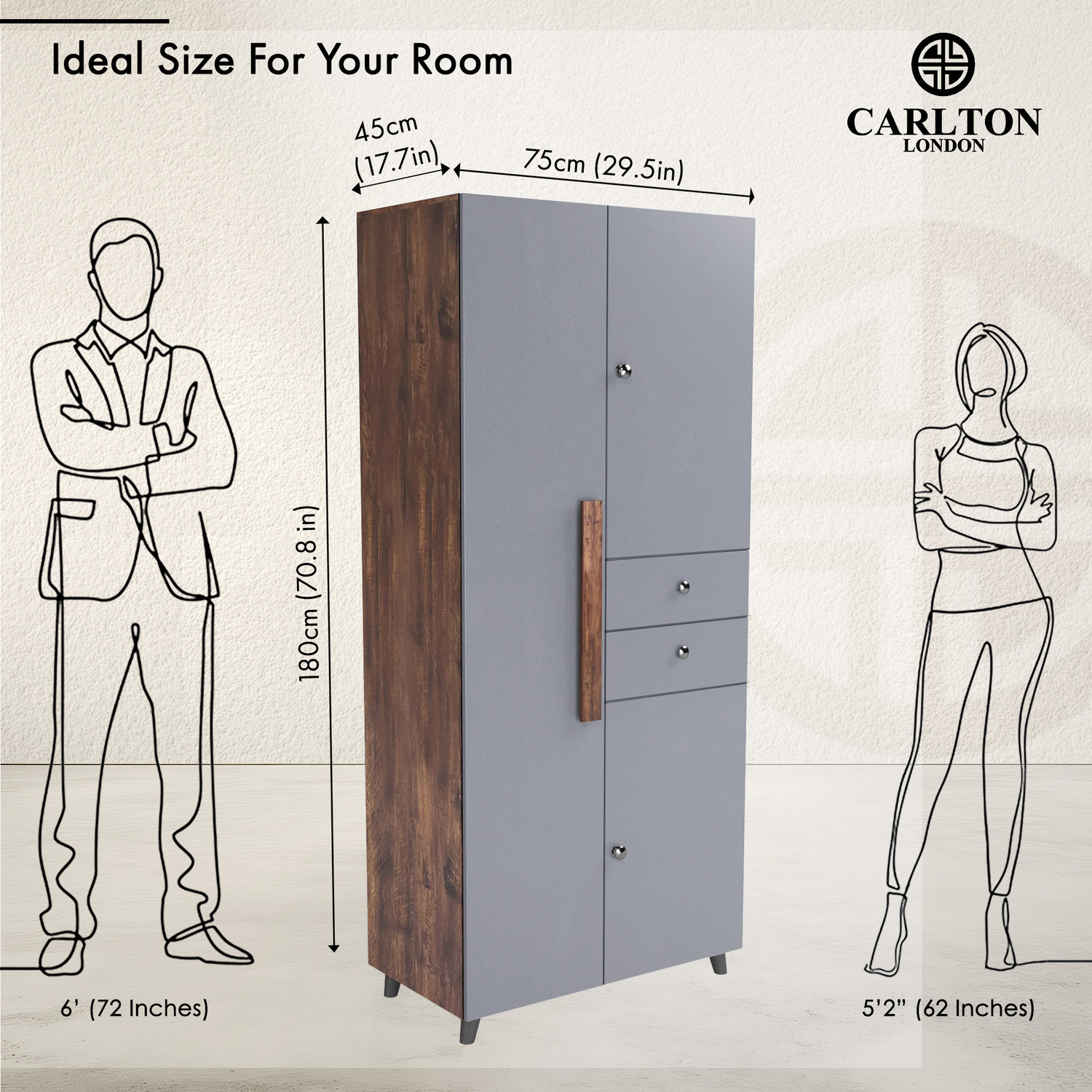 Image of CARLTON LONDON Willy Engineered Wood 3 Door Wardrobe (Finish Color - Rustic + Grey, Knock Down)