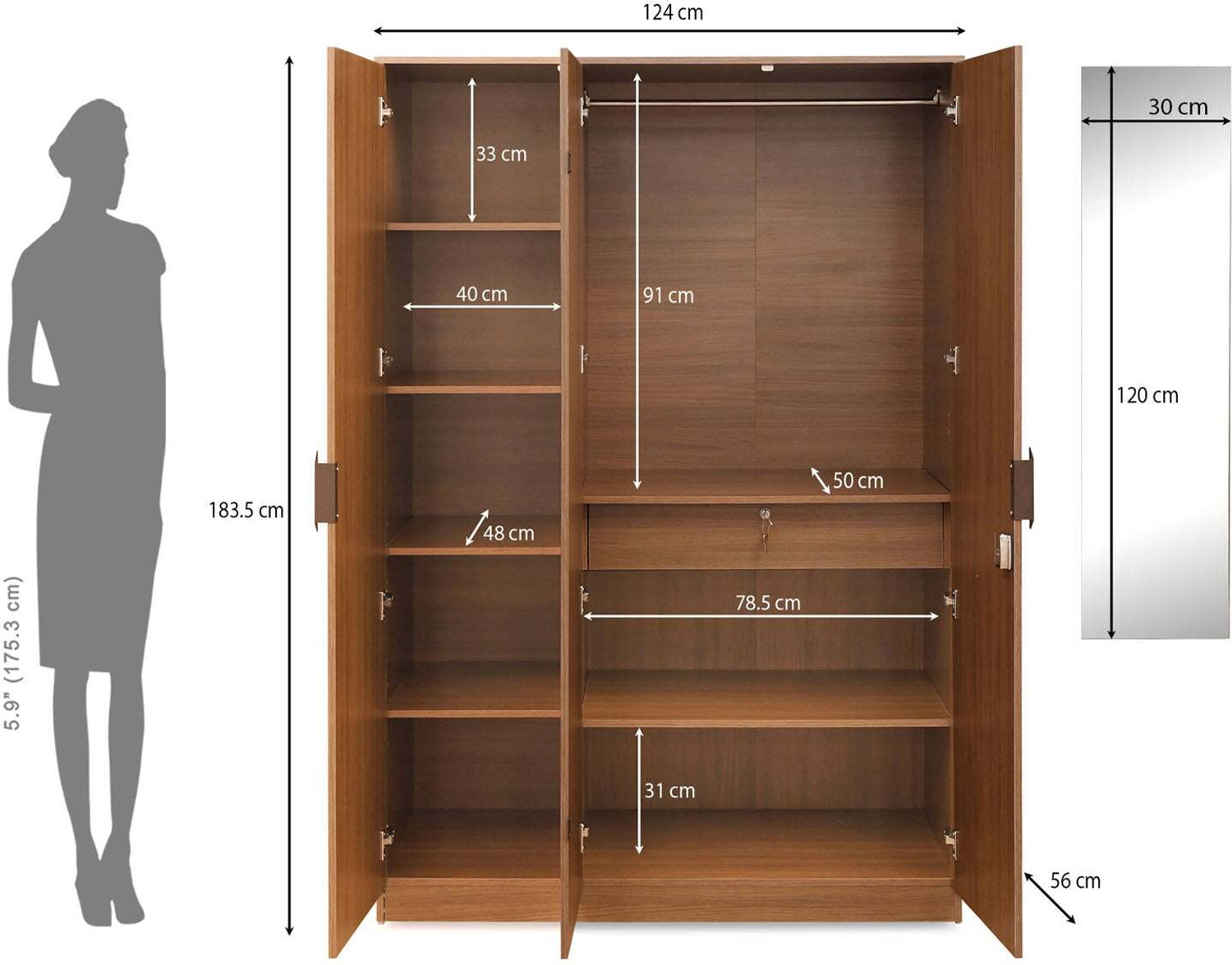 Image of Nilkamal Milford Engineered Wood 3 Door Wardrobe