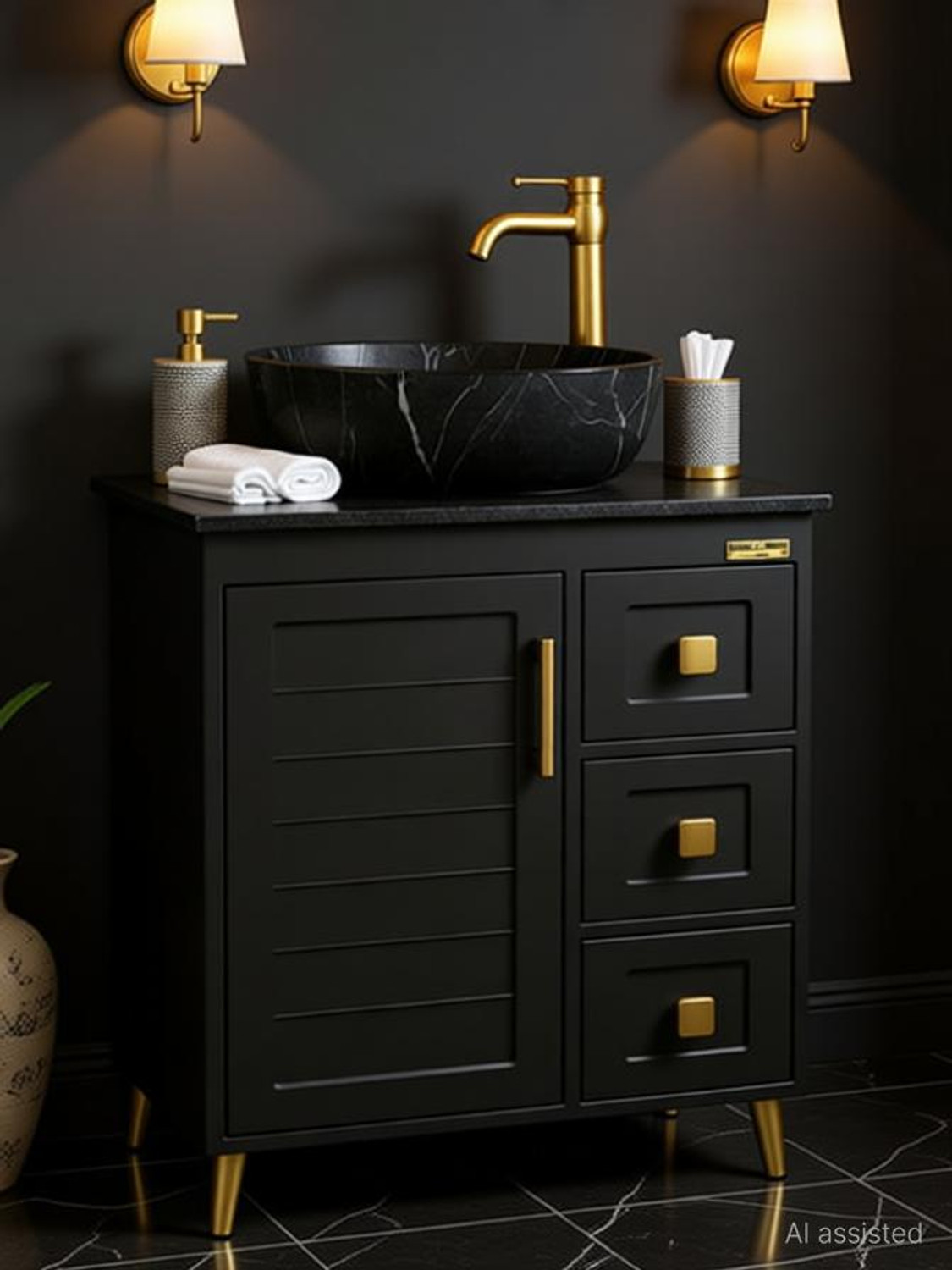 Image of CARENS PU-03 Bathroom Vanity with Ceramic Wash Basin | Freestanding Cabinet |4 Drawer Storage Counter Top