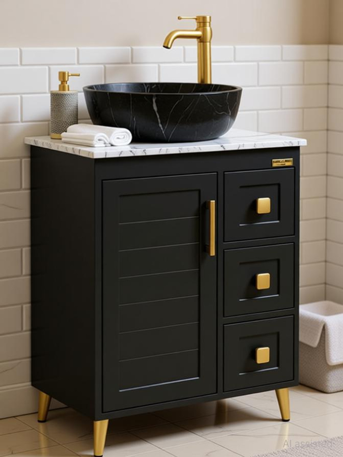 Image of CARENS PU-03 Bathroom Vanity with Ceramic Wash Basin | Freestanding Cabinet |4 Drawer Storage Counter Top