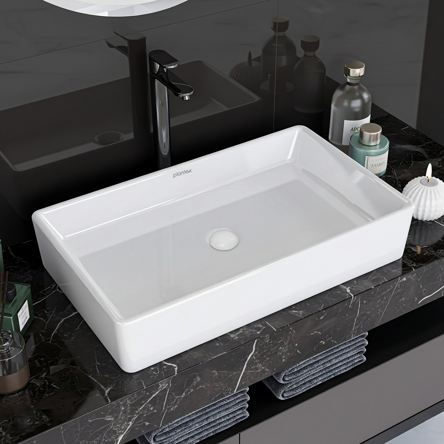 Image of Plantex Tabletop Wash Basin /Washbasin Platinium Tabletop Ceramic Rectangle Wash Basin /Countertop Sink (23.5x13.5x4.5) Table Top Basin