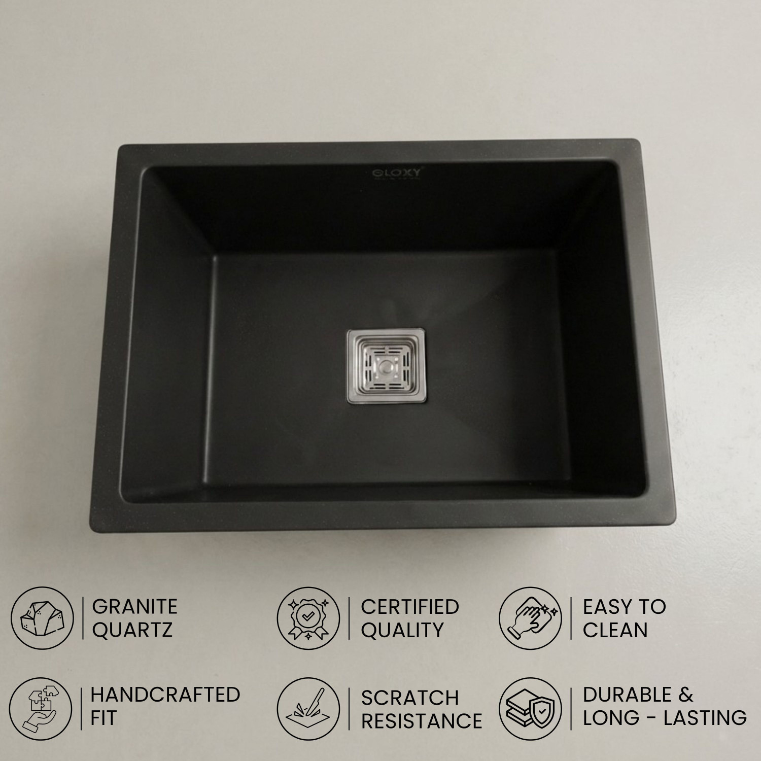Image of GLOXY Kitchen Sink 24 inchx18 inch Quartz Granite Black Single Bowl | Sink Wash Basin with Drain Rack | Basket with Hose Pipe and Waste Coupling (24x18 Inches) Vessel Sink