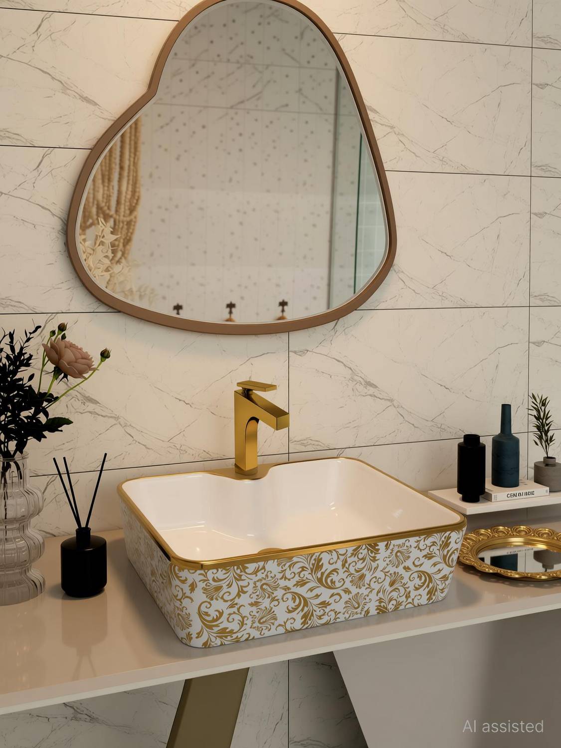 CERAMICA CREATIONS CC 1003 CERAMICA Designer Wash Basin Gold Ceramic Wash Basin(L48.5 X W37 X H13Cm) Table Top Basin