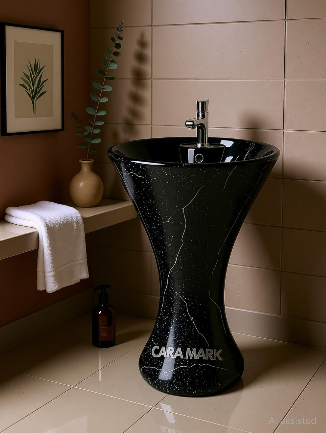 Image of CARA MARK Premium Black Marble Textured Ceramic Pedestal Wash Basin |Designer Sink| basin-wash basin-wash basin with cabinet-ceramic pedestal wash basin Pedestal Basin