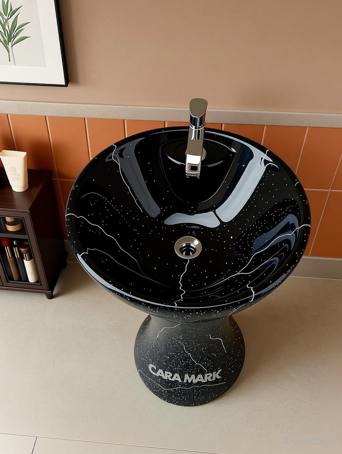 Image of CARA MARK Premium Black Marble Textured Ceramic Pedestal Wash Basin |Designer Sink| basin-wash basin-wash basin with cabinet-ceramic pedestal wash basin Pedestal Basin