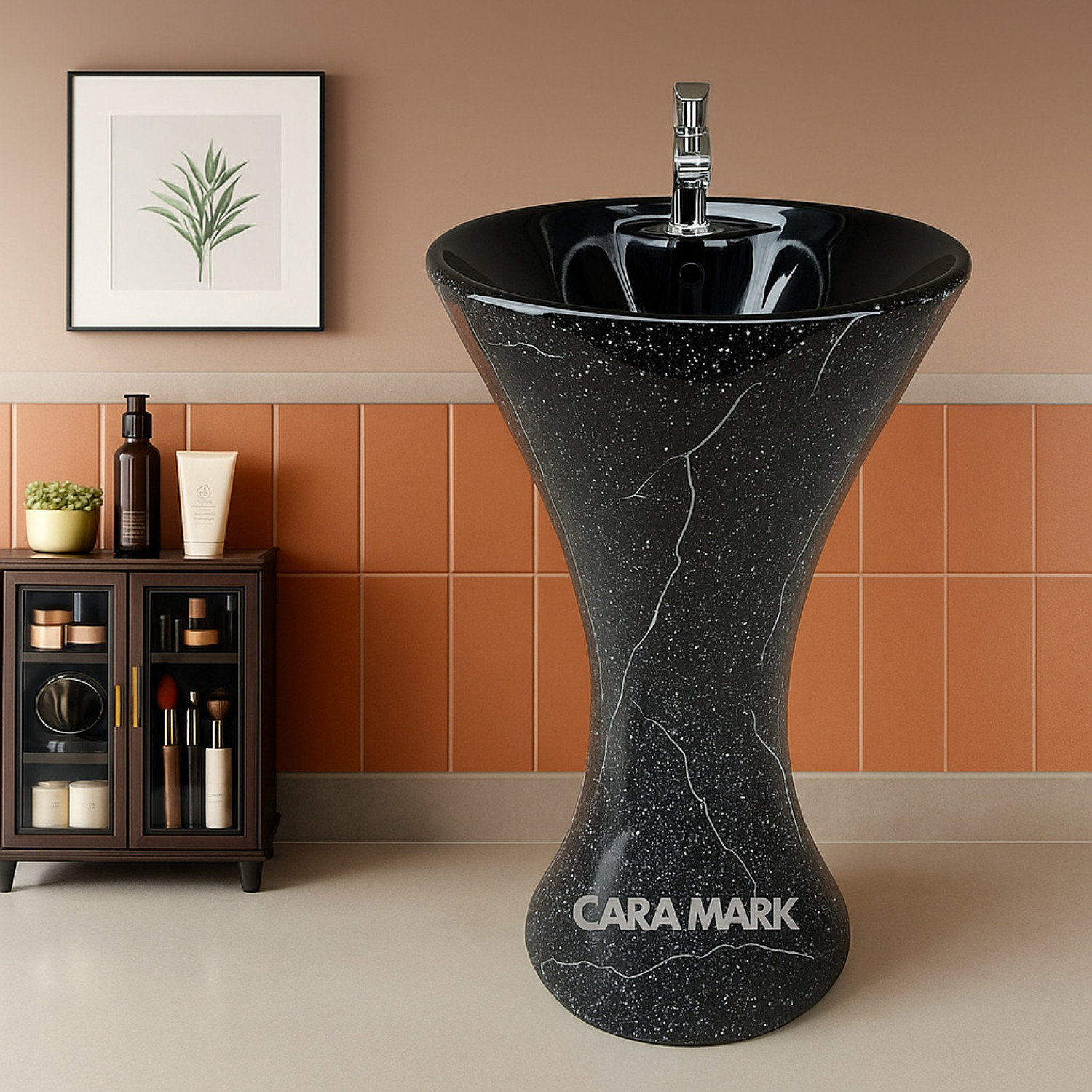 Image of CARA MARK Premium Black Marble Textured Ceramic Pedestal Wash Basin |Designer Sink| basin-wash basin-wash basin with cabinet-ceramic pedestal wash basin Pedestal Basin