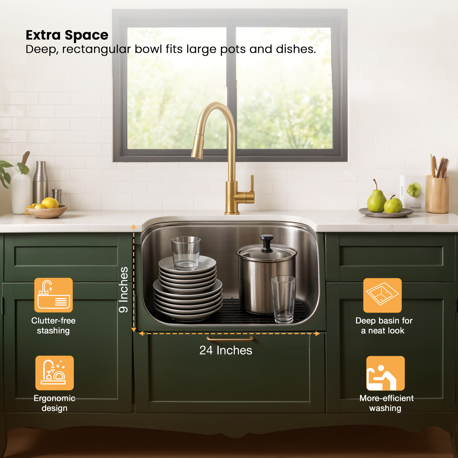 Image of RUHE Square Single Bowl 24x18x9 Inches Kitchen Sink| Premium Stainless Steel Sink 24X18X9Inches Vessel Sink