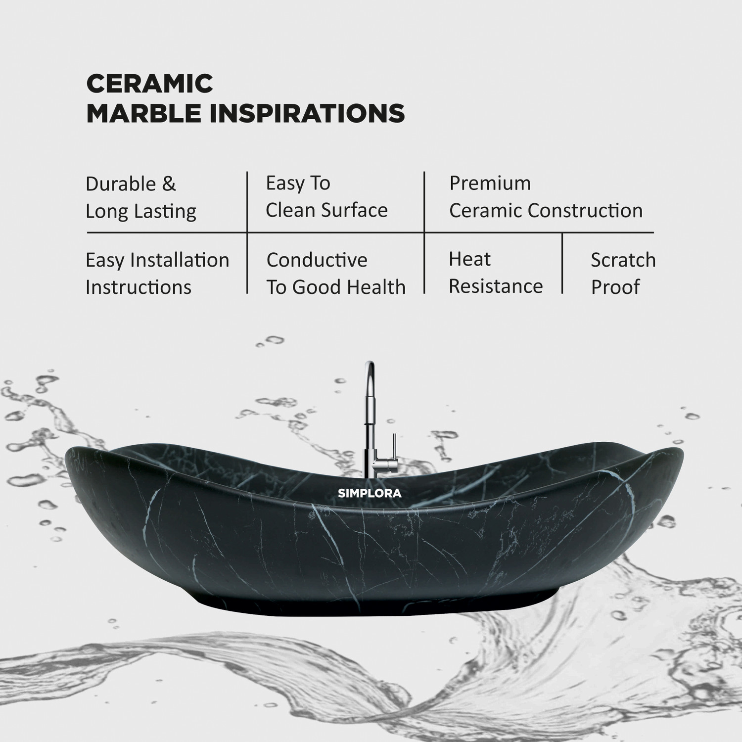 Image of SIMPLORA Veined Marble Look Vessel with Black Shades Organic Curved Veined Marble Look Vessel with Black Shades Organic Curved Table Top Basin