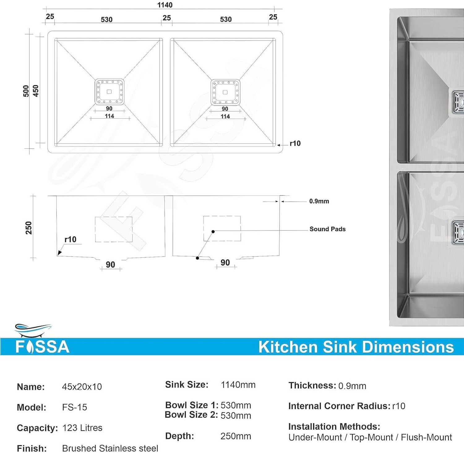 Image of Fossa Classic 45 inchx20 inchx10 inch Inch 5 Years Warranty Double Bowl Kitchen Sink Matte Finish FS-15 Vessel Sink