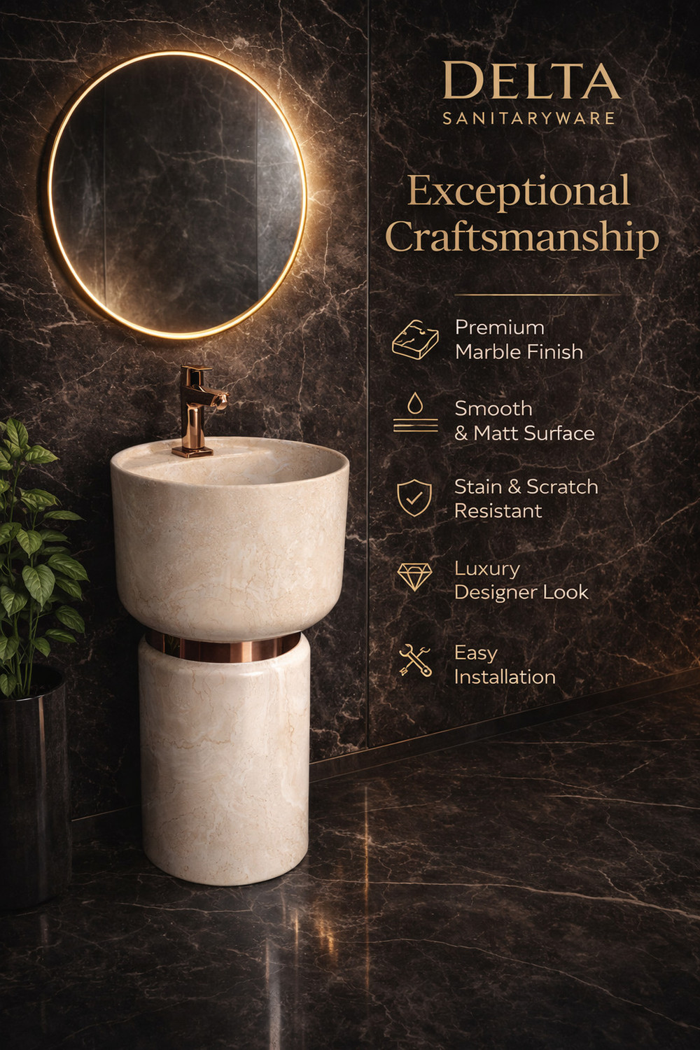 Image of DELTA SANITARYWARE Delta Sanitaryware Premium Designer Ceramic Pedestal Wash Basin(16*16*32) (Cello-1095) (matt) Pedestal Basin