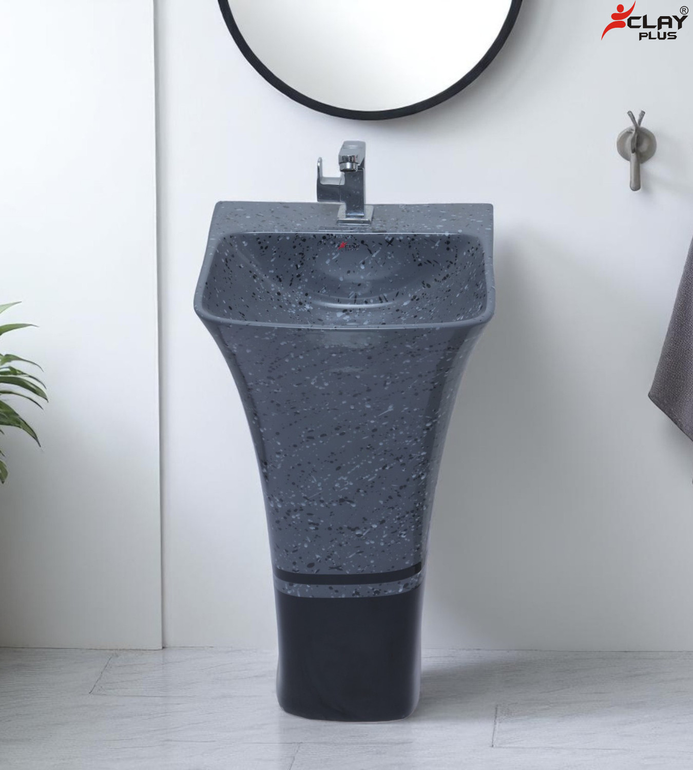 Image of clayplus Ceramic One Piece Pedestal Standing Wash Basin For Livingroom & Bathroom / / Glossy Grey with Black Shade Combination Marble Shade Standing Wash Basin' Pedestal Basin