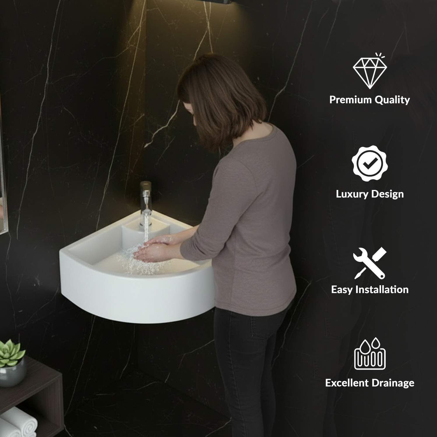 Image of Plantex Ceramic Corner Washbasin /Wall Mount Basin for Bathroom /Small Corner Sink Corner Basin