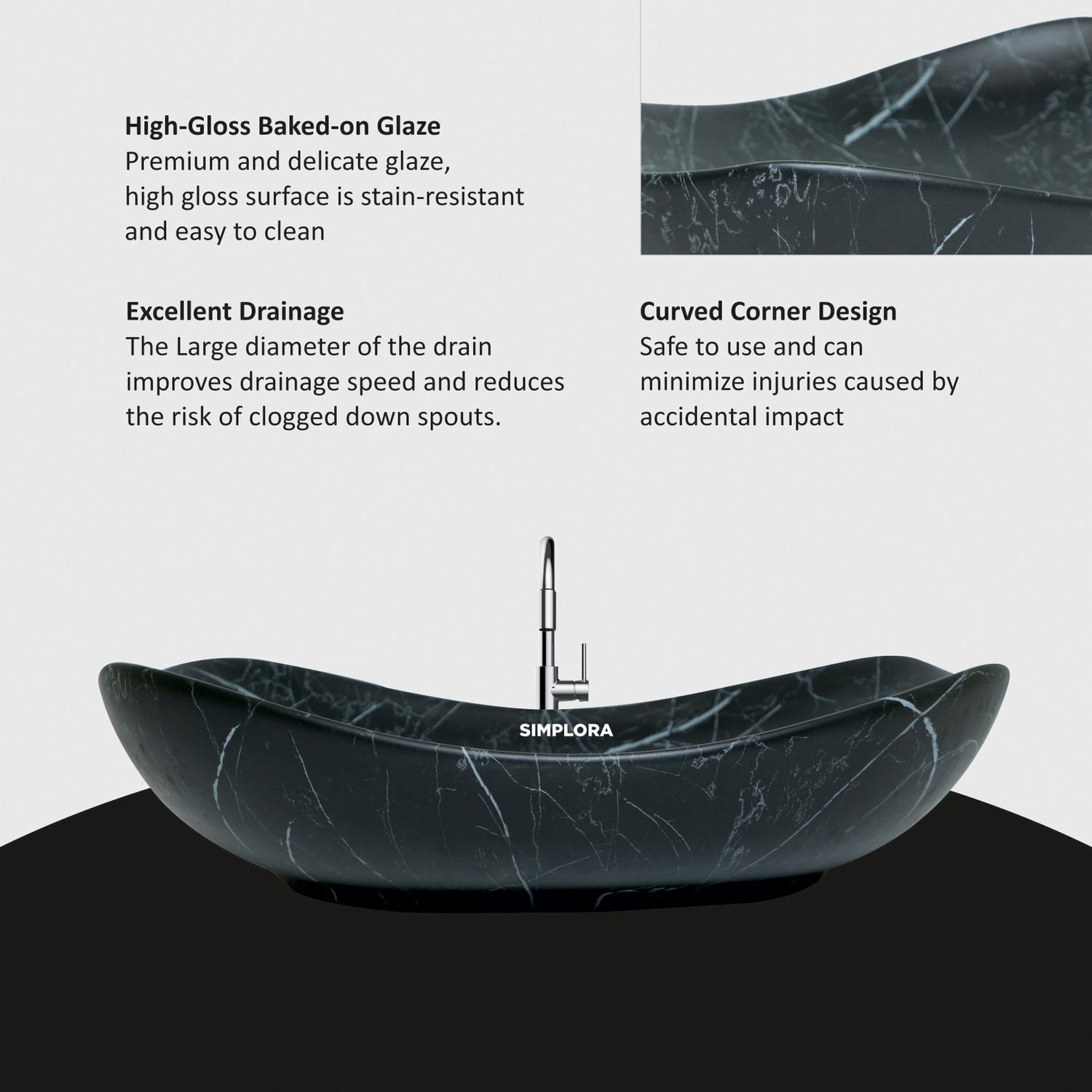 Image of SIMPLORA Veined Marble Look Vessel with Black Shades Organic Curved Veined Marble Look Vessel with Black Shades Organic Curved Table Top Basin