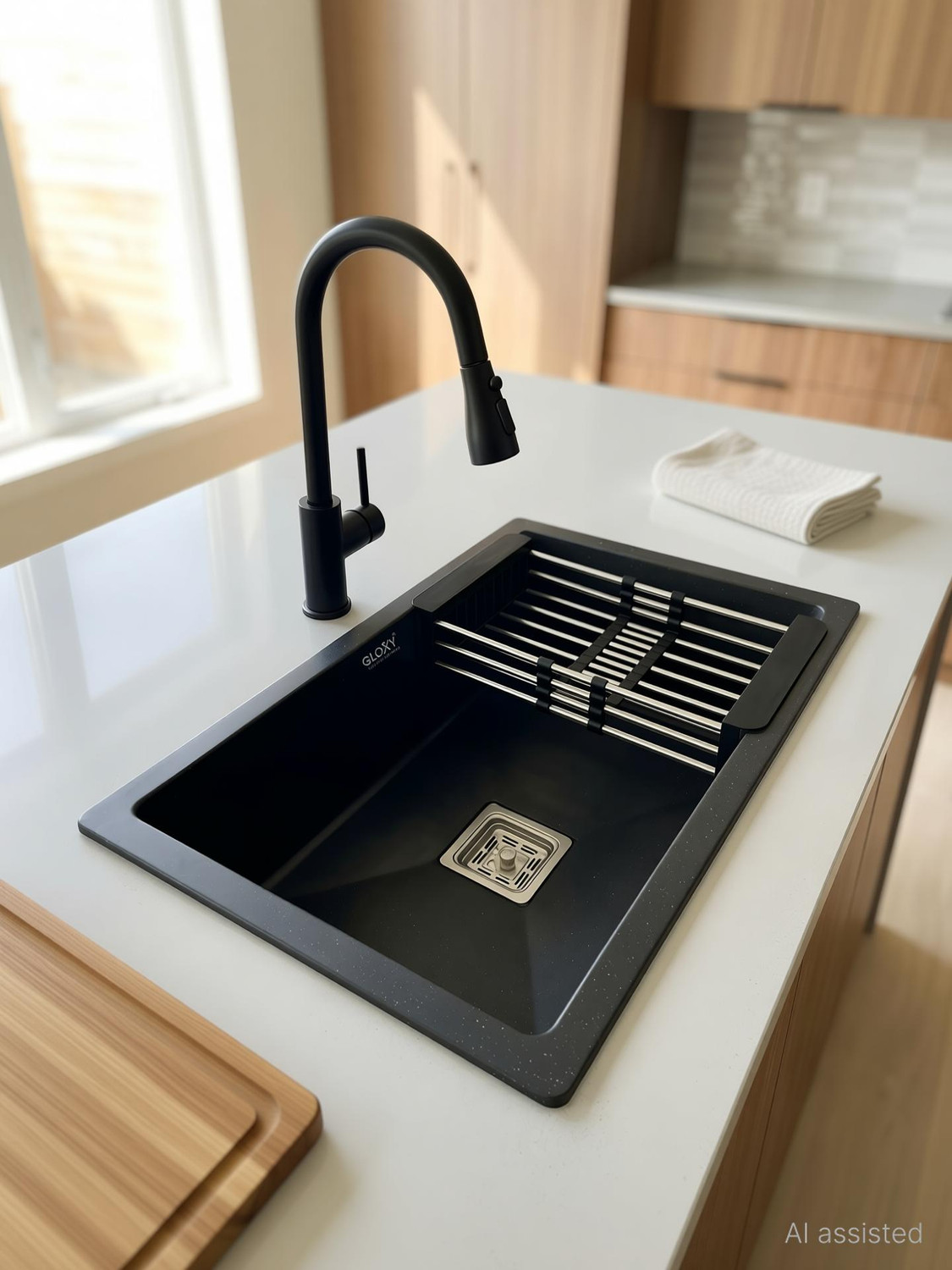 Image of GLOXY Kitchen Sink 24 inchx18 inch Quartz Granite Black Single Bowl | Sink Wash Basin with Drain Rack | Basket with Hose Pipe and Waste Coupling (24x18 Inches) Vessel Sink