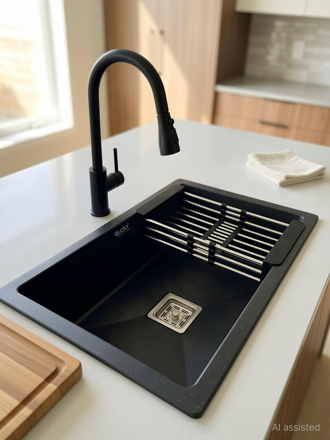 Image of GLOXY Kitchen Sink 24 inchx18 inch Quartz Granite Black Single Bowl | Sink Wash Basin with Drain Rack | Basket with Hose Pipe and Waste Coupling (24x18 Inches) Vessel Sink