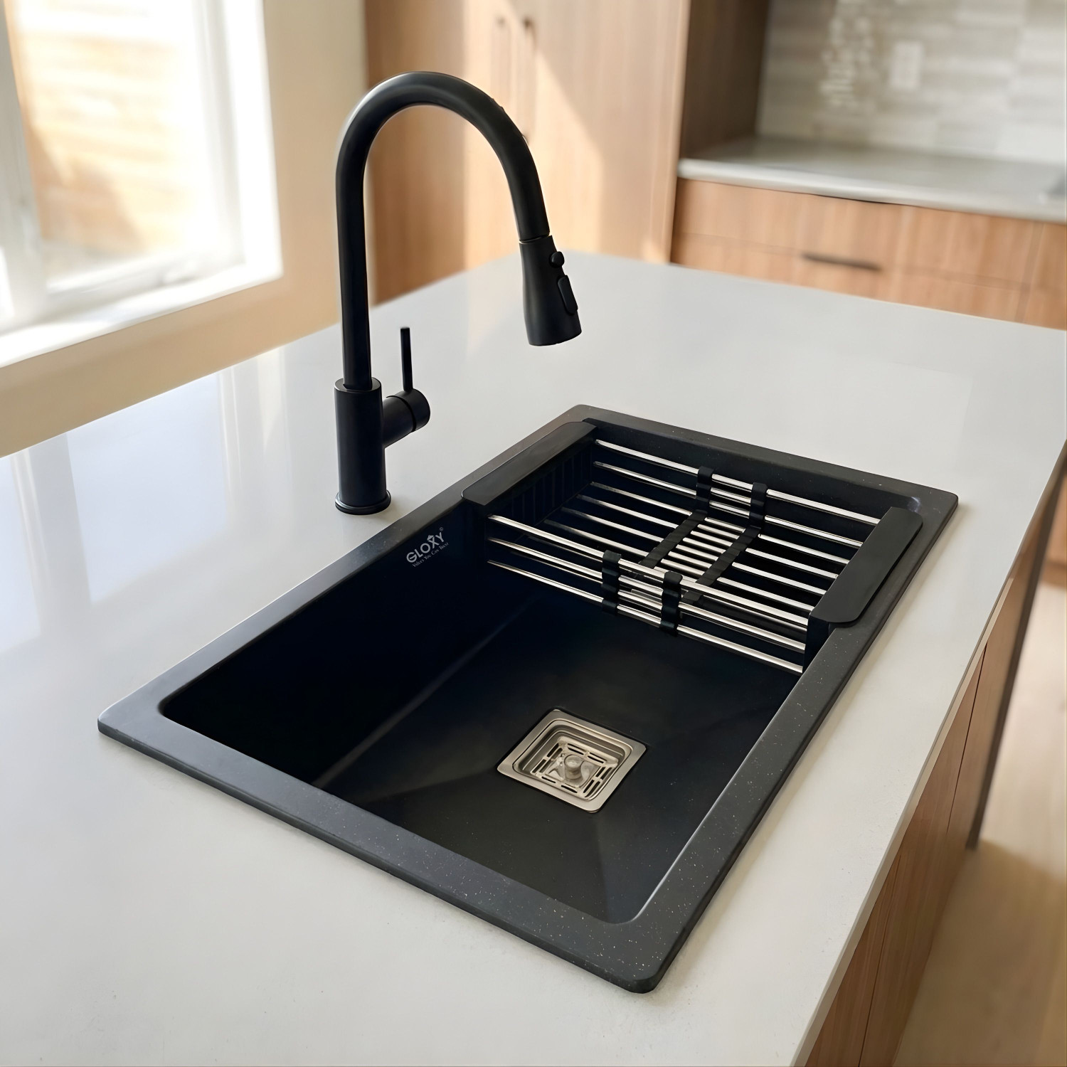 Image of GLOXY Kitchen Sink 24 inchx18 inch Quartz Granite Black Single Bowl | Sink Wash Basin with Drain Rack | Basket with Hose Pipe and Waste Coupling (24x18 Inches) Vessel Sink