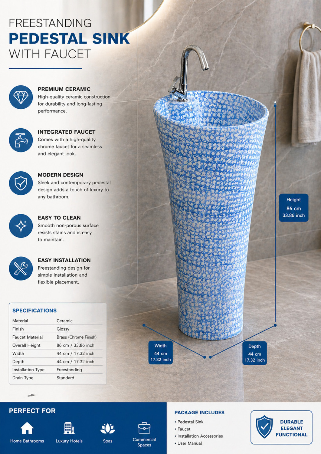 Image of clayplus Premium Grade Ceramic's Designer One Piece Pedestal Basin