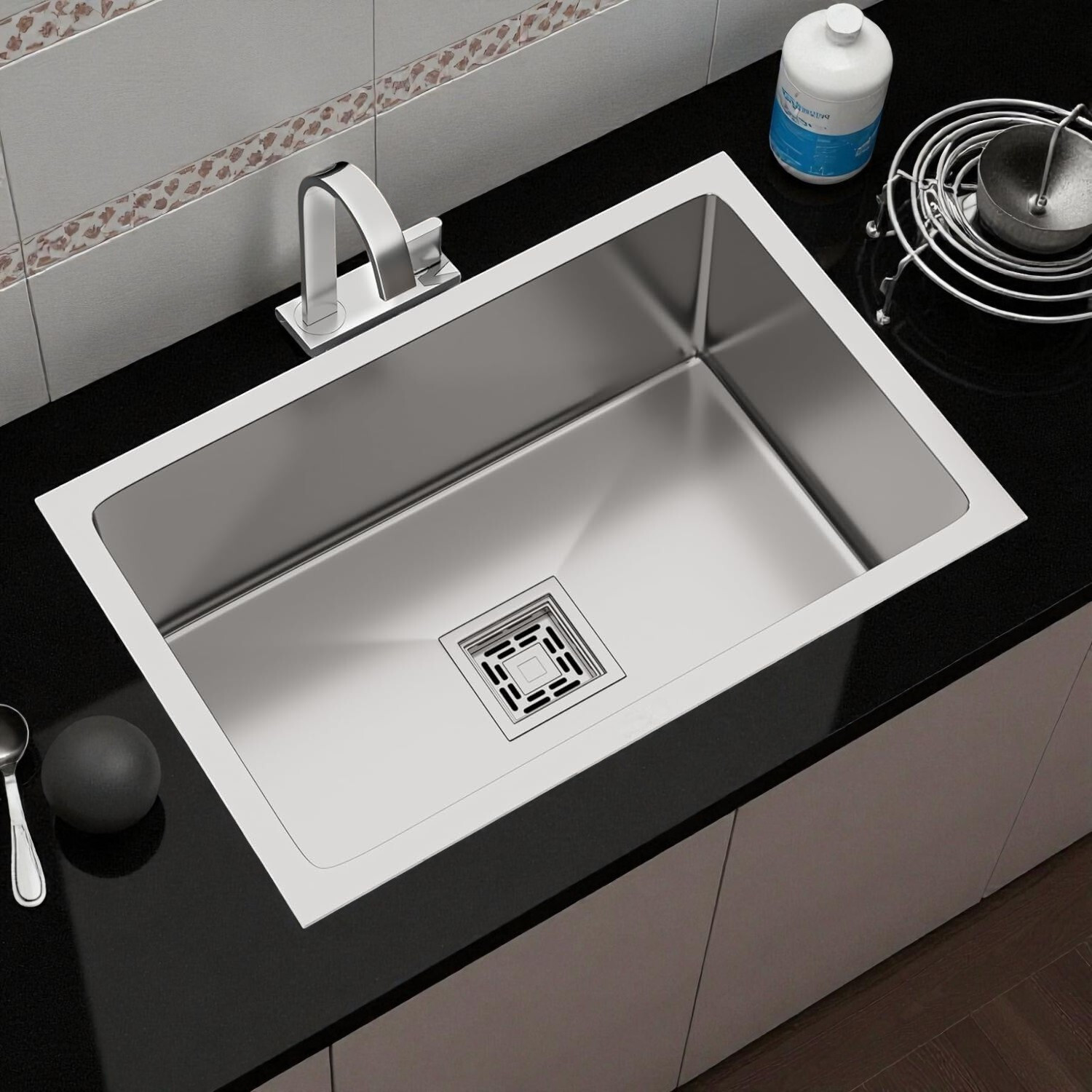 Image of chirag Kitchen Sink 22 Inch (22x18x10) Single Bowl Handmade SS304 Stainless Steel Sink CHM2218M | HANDMADE SINK WITH FRUIT BASKET & PVC PIPE | PREMIUM QUALITY | SINK Vessel Sink