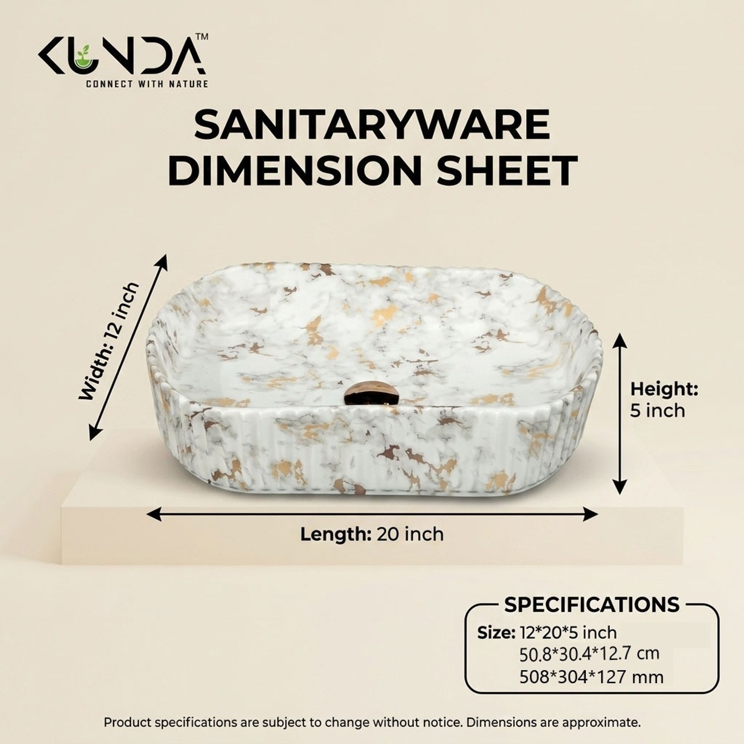 Image of KUNDASTUDIO Premium Ceramic Marble Finish Matt Wash Basin (20*12*5)(M01-Matt) Table Top Basin