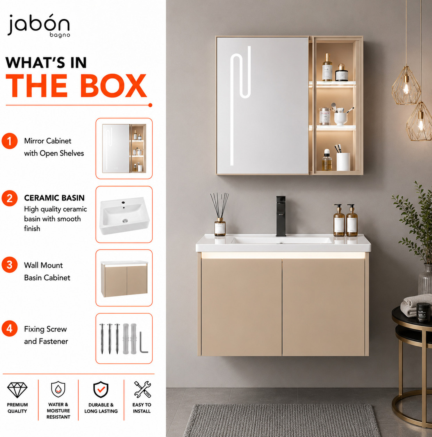 Image of JABON BAGNO Stainless Steel Bathroom Vanity Motion Sensor LED Mirror Cabinet Apricot Finish | Wall Mounted Ceramic Wash Basin with Tap Hole (60cm) Wall Hung Basin (Apricot)