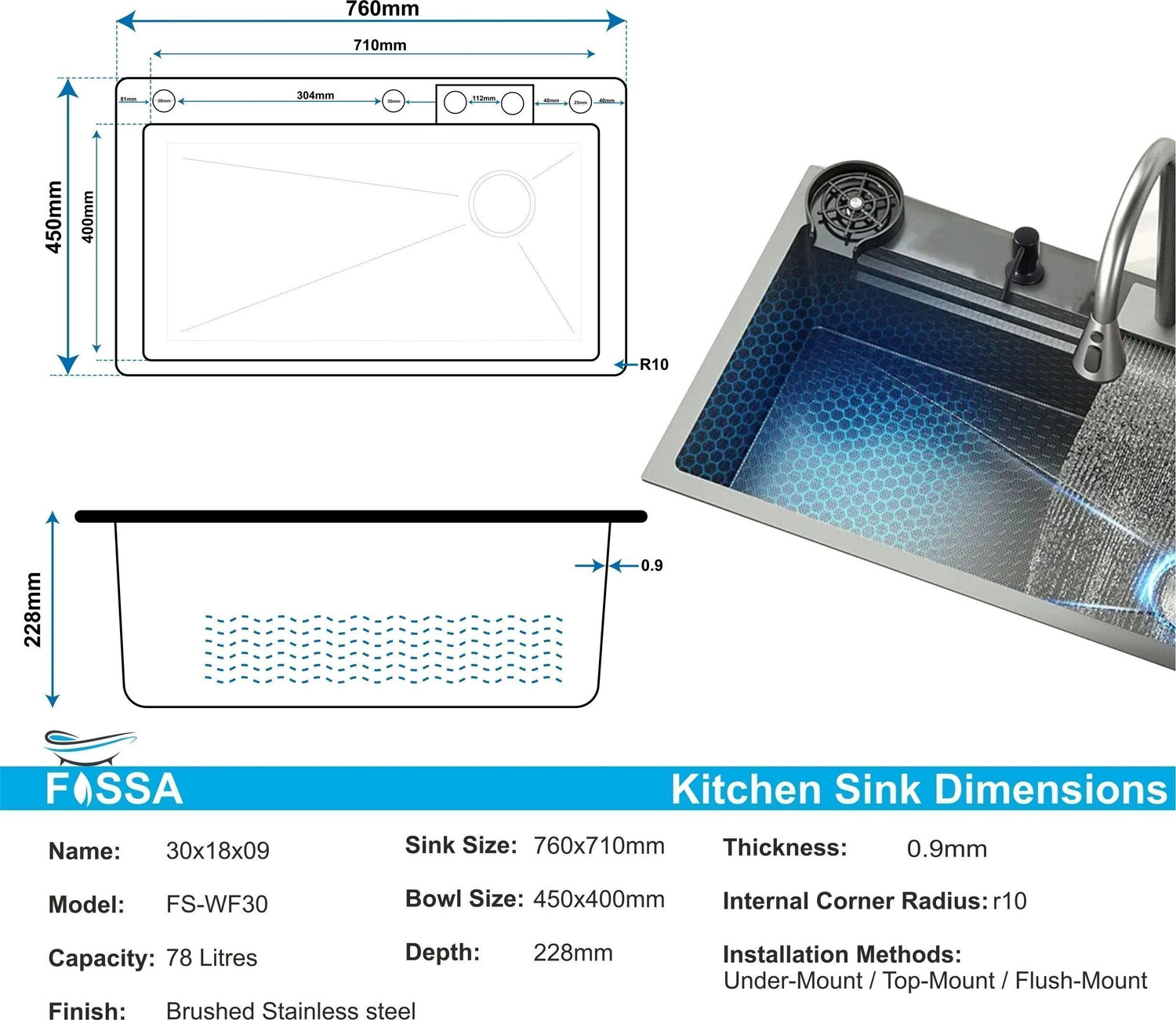 Image of Fossa 30 inchx18 inchx9 inch 5-Years Warranty Single Bowl Waterfall Kitchen Sink With Accessories FS-WFNS Vessel Sink