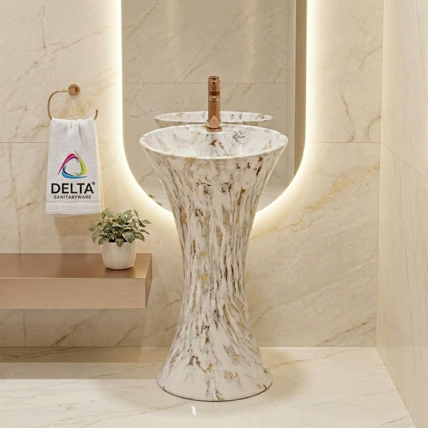 Image of DELTA SANITARYWARE Pedestal Onepiece Designer White and Gold Design Washbasin (16*16)(M01) Pedestal Basin