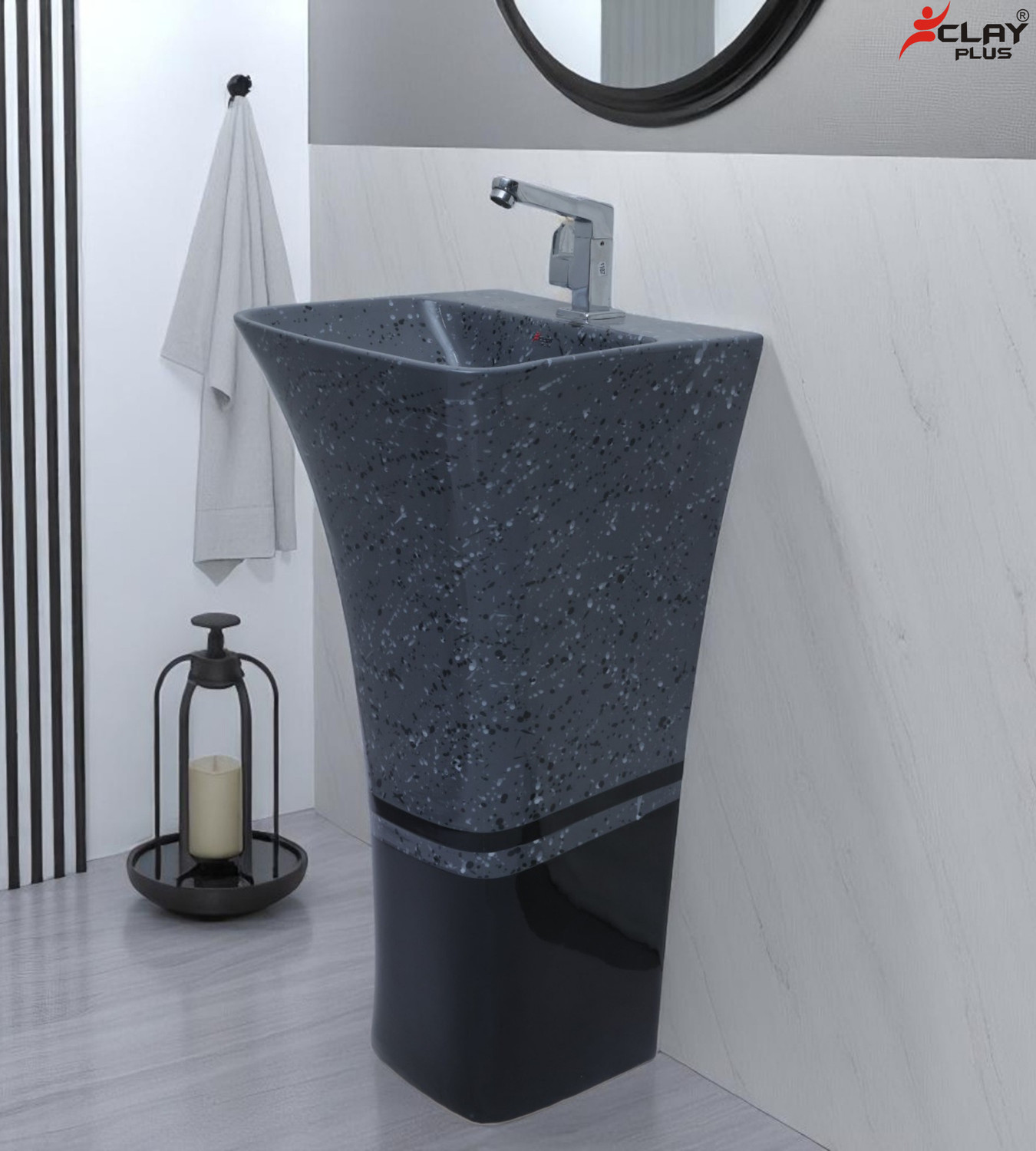 Image of clayplus Ceramic One Piece Pedestal Standing Wash Basin For Livingroom & Bathroom / / Glossy Grey with Black Shade Combination Marble Shade Standing Wash Basin' Pedestal Basin