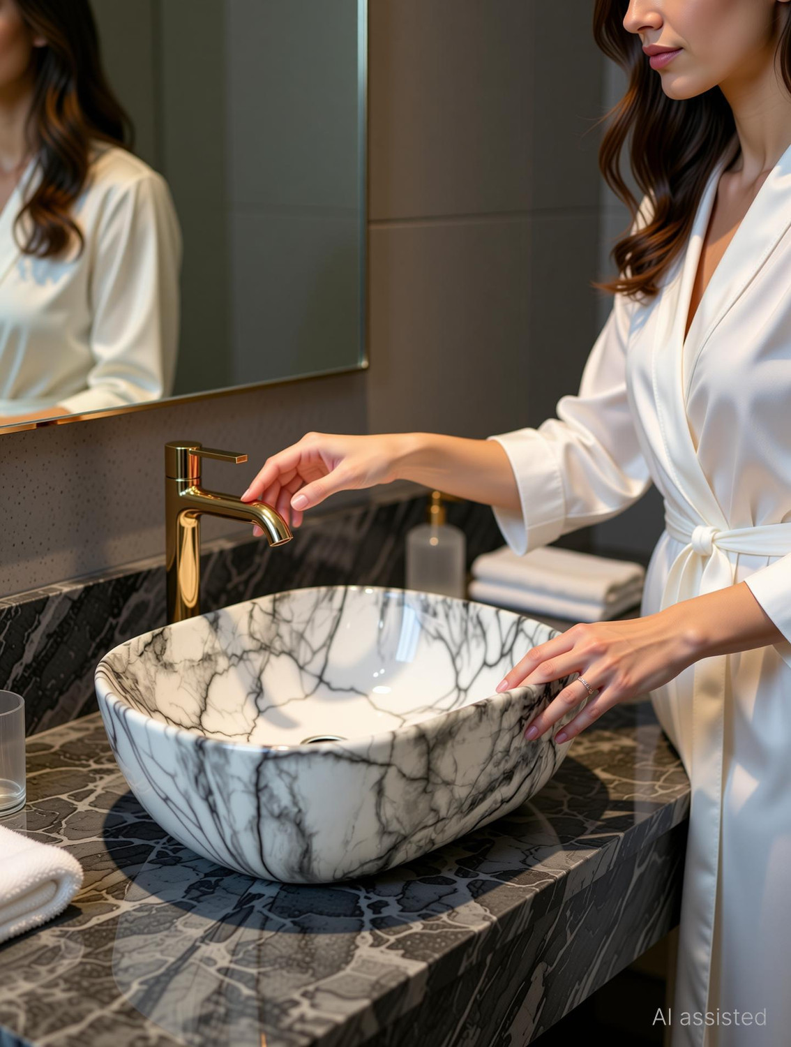 Image of DELTA Table Top Premium Designer Marble Glossy Ceramic Wash Basin(M04) Designer Wash Basin RJ-1004 Table Top Basin