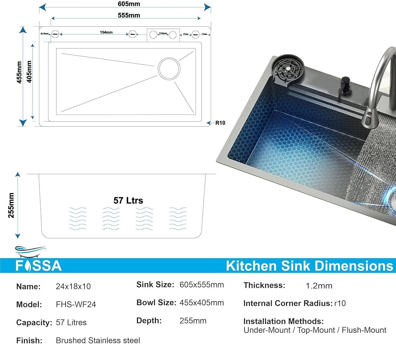 Image of Fossa 24 inchx18 inch Inch SS 304 Grade Waterfall Workstation Kitchen Sink FHS-WF24 Vessel Sink