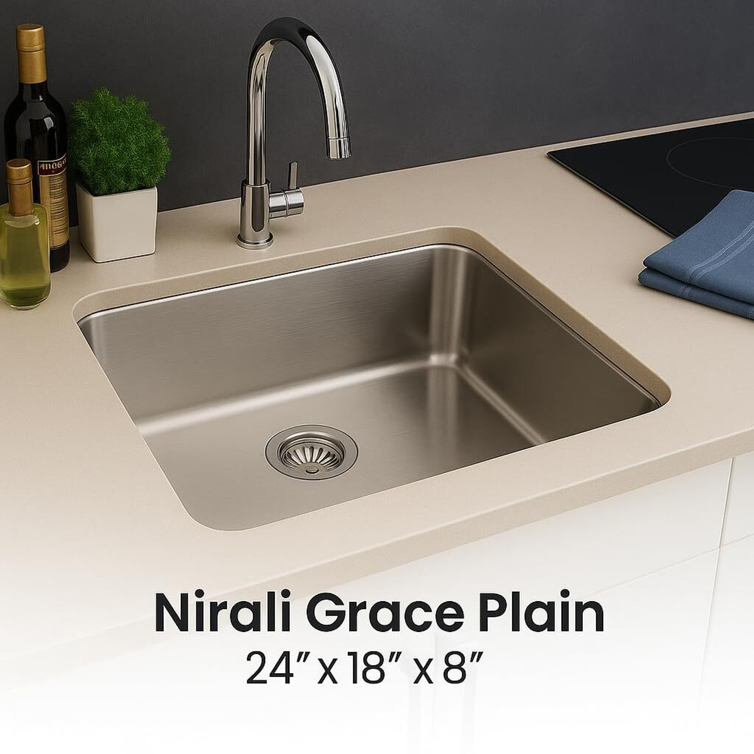 Image of NIRALI Kitchen Sink Grace Plain 24 x 18 x 8 inch | 304 SS | Matt Finish 02Grace Pain-Mate-Large Top Mount