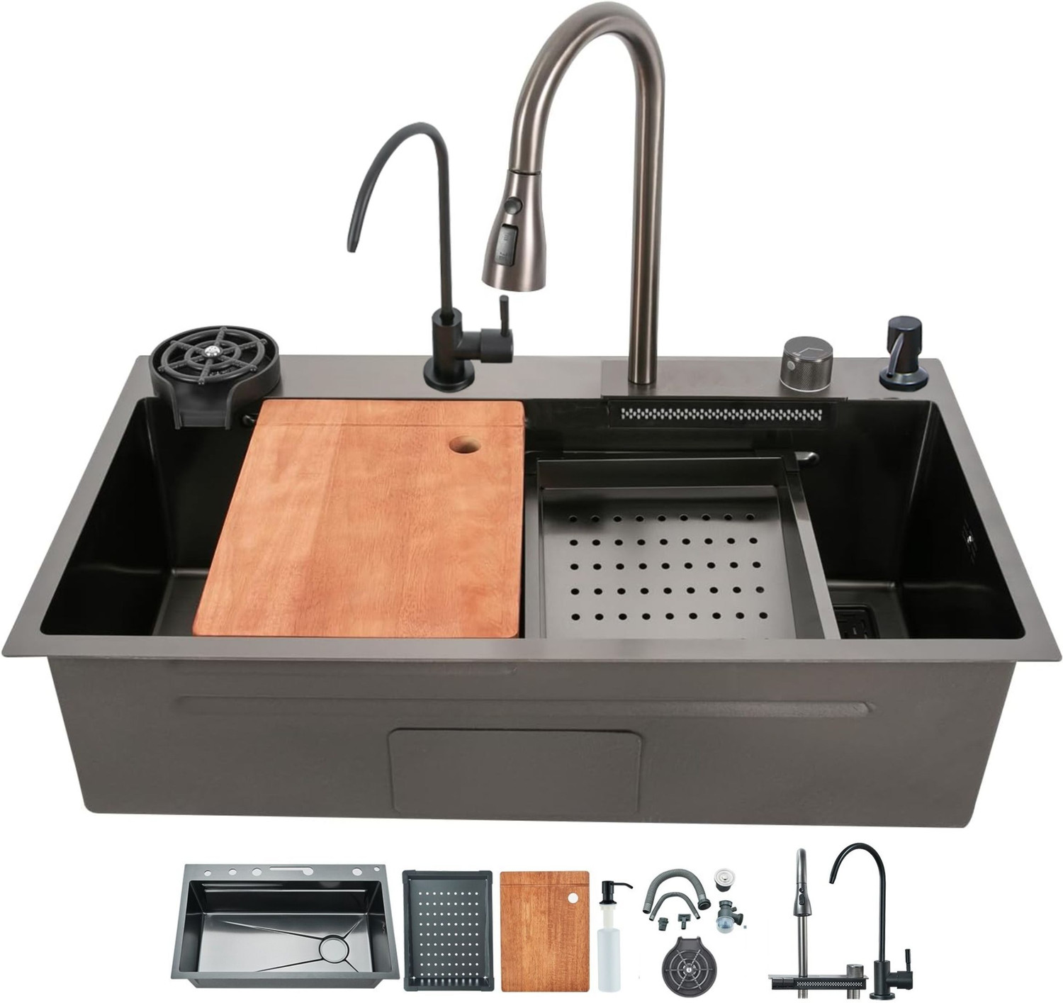 Image of Fossa 24 inchx18 inch Inch SS 304 Grade Waterfall Workstation Kitchen Sink FHS-WF24 Vessel Sink