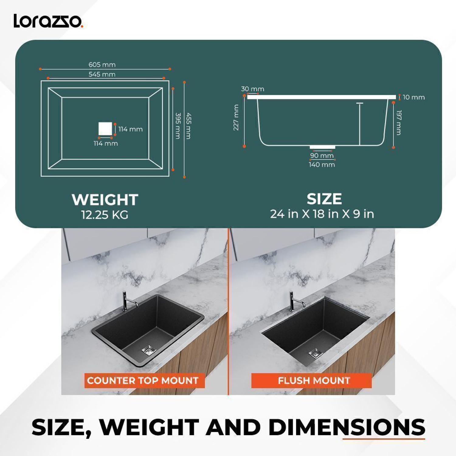 Image of Lorazzo Quartz Kitchen Sink - 24X18 Vessel Sink (Midnight Black) Quartz Kitchen Sink - 24X18 Vessel Sink