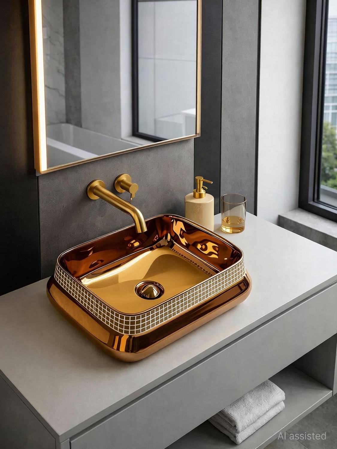 CERAMICA CREATIONS CERAMICA Premium Table Basin(L39.5XW33.5XH12.7Cm)HH 3501 GOLDEN TABLE TOP CERAMICA Premium Table Basin Table Top Basin