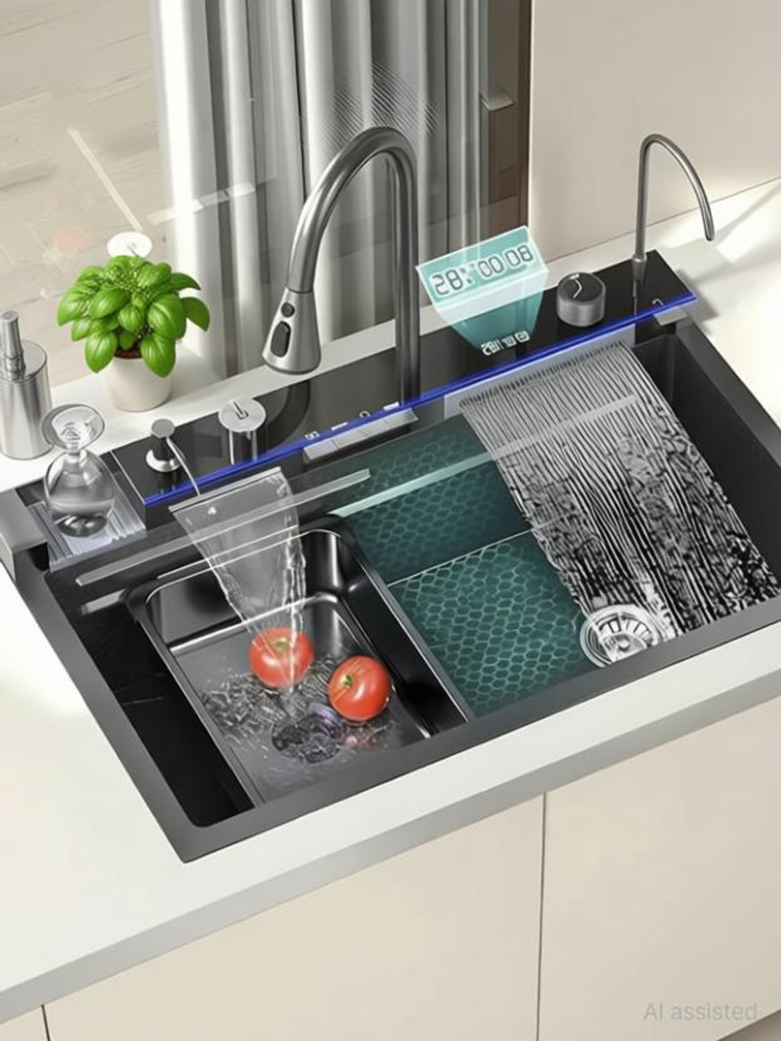 clayplus 30x18x9 5-Piano Switch 2 Waterfall & 1 Pull-down Faucet With LED Display Top Mount