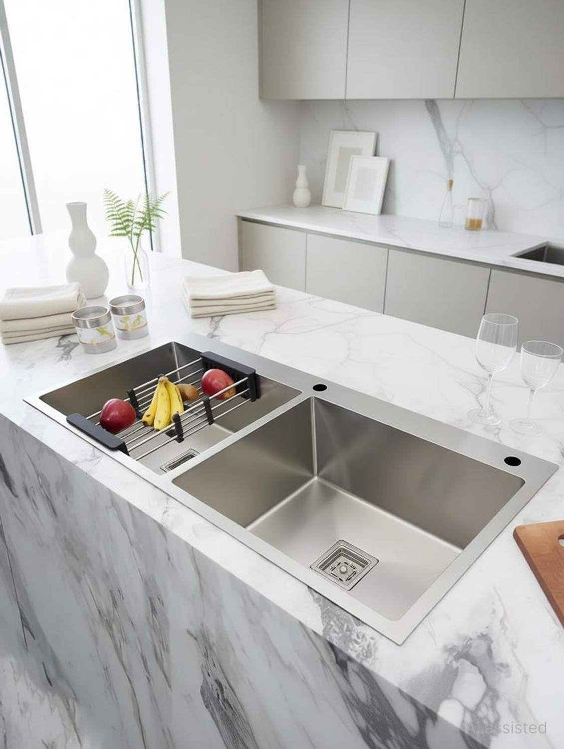 Image of Prestige 45 inchx20 inchx10 inch Double Bowl Premium Kitchen Taphole Sink Matte Finish 304 Grade Handmade Silver 45 inch X 20 inch X 10 inch Kitchen Taphole Sink Double Bowl Vessel Sink