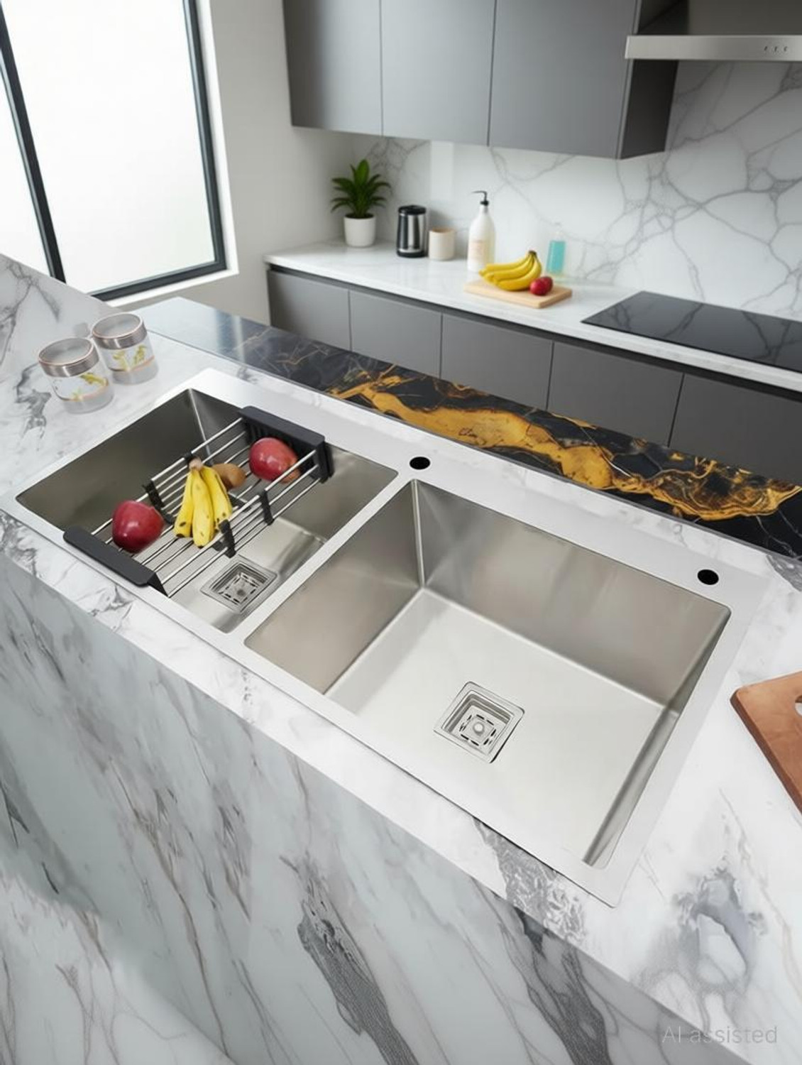 Image of Prestige 45 inchx20 inchx10 inch Double Bowl Premium Kitchen Taphole Sink Matte Finish 304 Grade Handmade Silver 45 inch X 20 inch X 10 inch Kitchen Taphole Sink Double Bowl Vessel Sink
