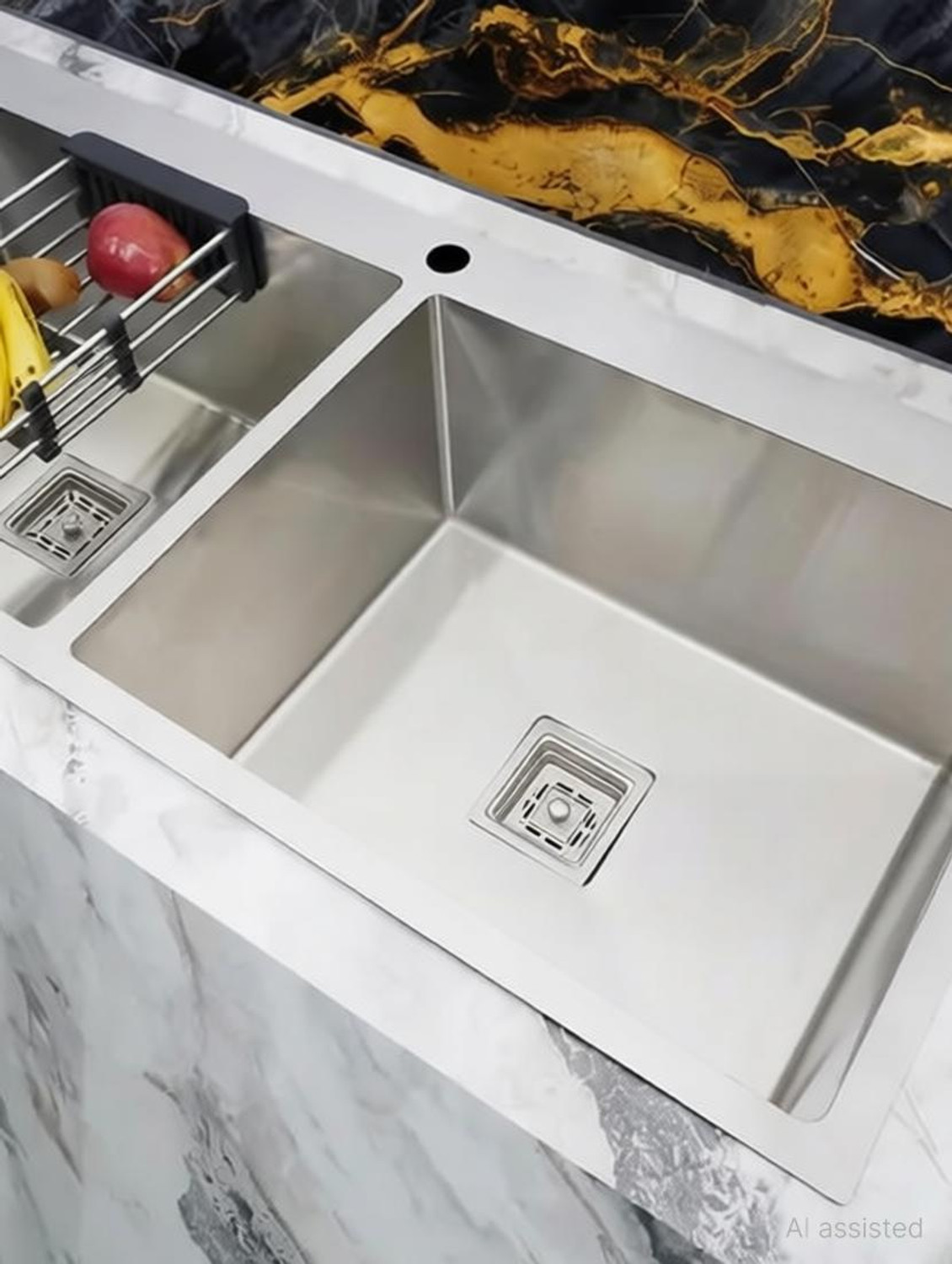 Image of Prestige 45 inchx20 inchx10 inch Double Bowl Premium Kitchen Taphole Sink Matte Finish 304 Grade Handmade Silver 45 inch X 20 inch X 10 inch Kitchen Taphole Sink Double Bowl Vessel Sink