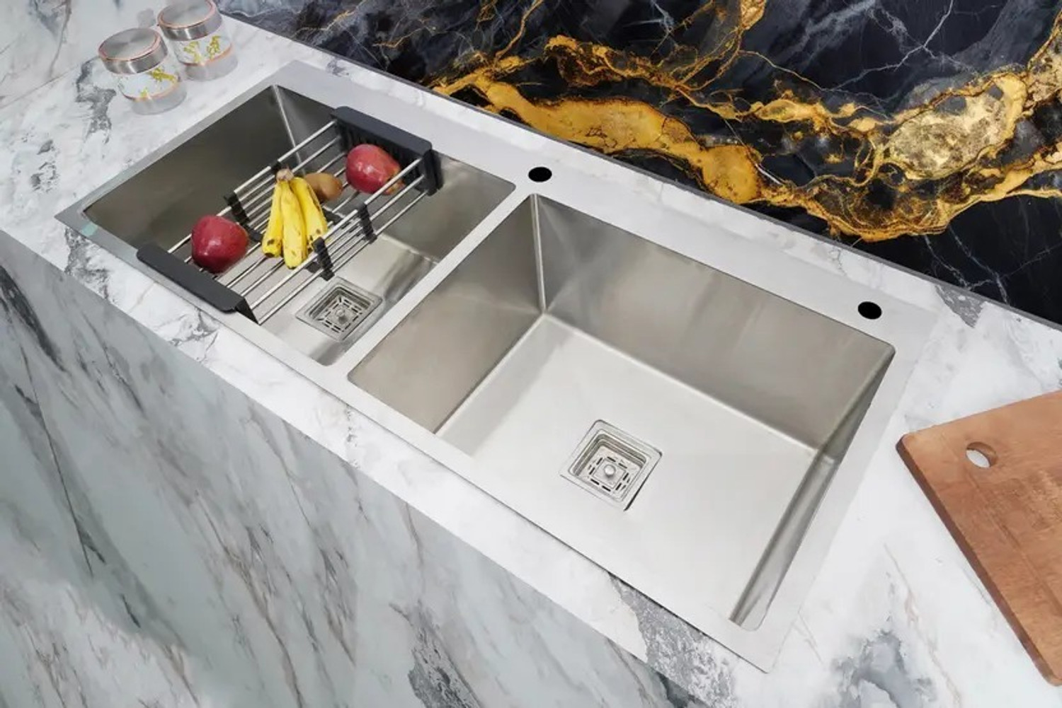 Image of Prestige 45 inchx20 inchx10 inch Double Bowl Premium Kitchen Taphole Sink Matte Finish 304 Grade Handmade Silver 45 inch X 20 inch X 10 inch Kitchen Taphole Sink Double Bowl Vessel Sink