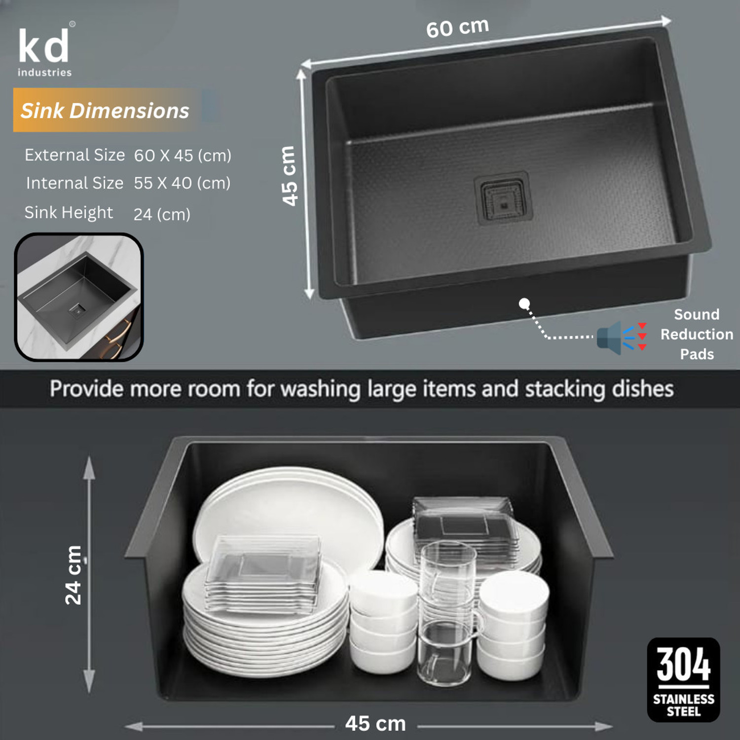 Image of KD INDUSTRIES 304 GRADE 24 inchX18 inch HANDMADE KITCHEN SINK WITH SCRATCHLESS HONEYCOMB TECHNOLOGY WITH ALL ACCESSORIES (ANTI-SCRATCH) (ANTI-STAIN) Vessel Sink