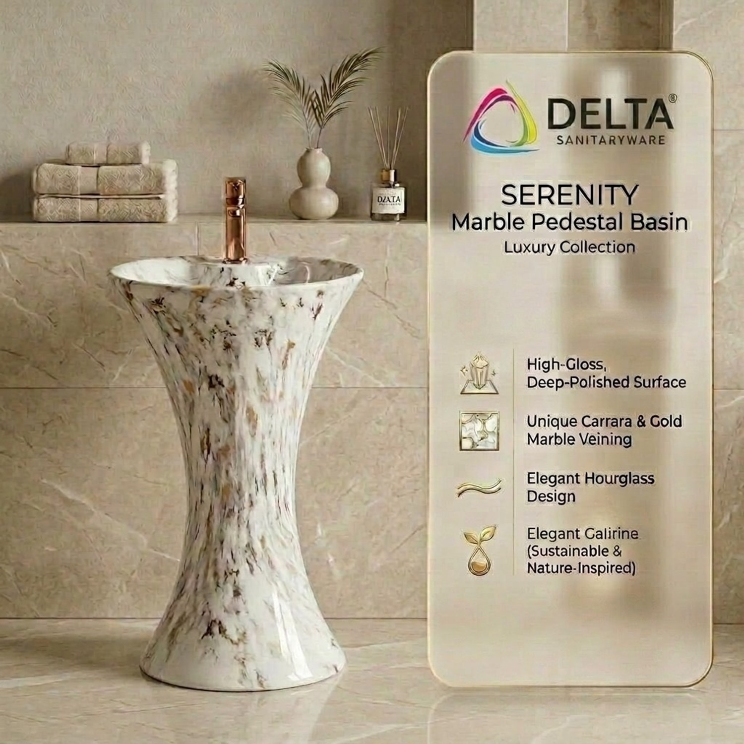 Image of DELTA SANITARYWARE Pedestal Onepiece Designer White and Gold Design Washbasin (16*16)(M01) Pedestal Basin