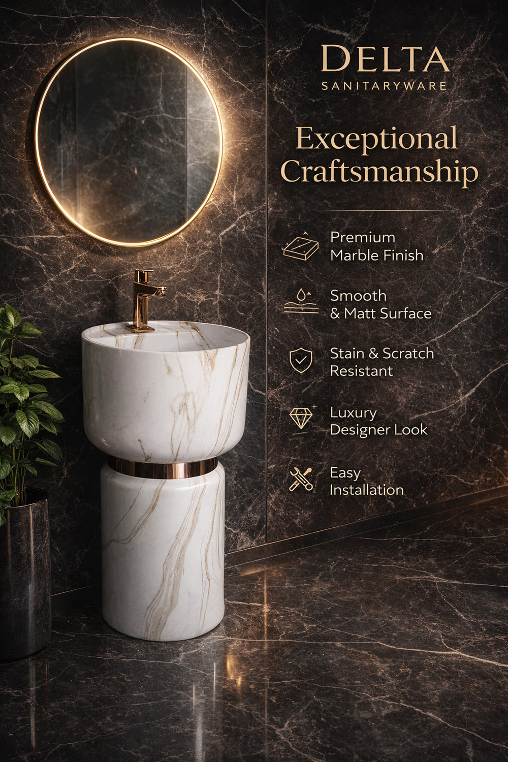 Image of DELTA SANITARYWARE Delta Sanitaryware Premium Designer Ceramic Pedestal Wash Basin(16*16*32) (P-Cello-1034) (matt) Pedestal Basin